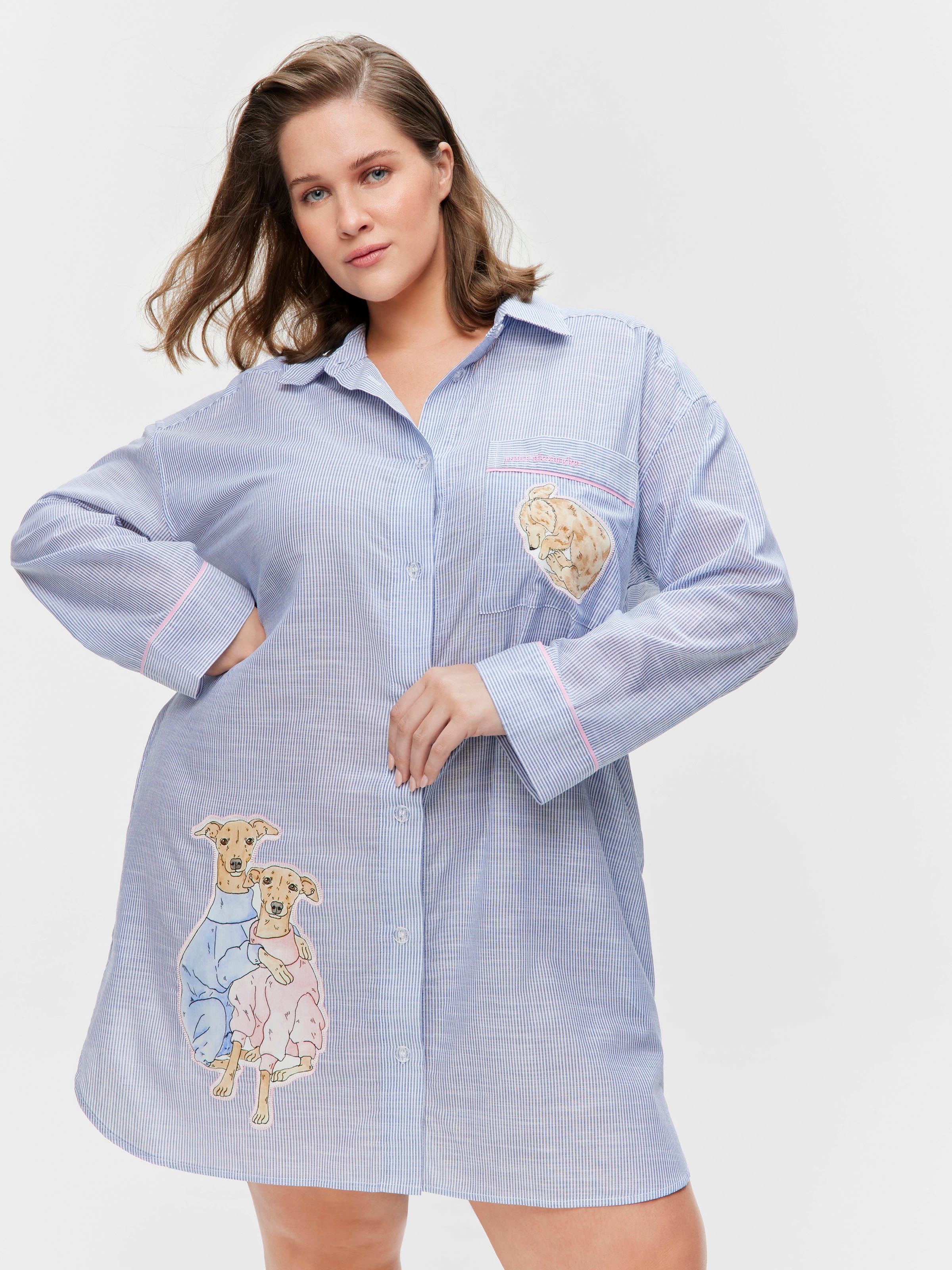 P.A. Plus Doggo Striped 100% Cotton Long Sleeve Nightshirt