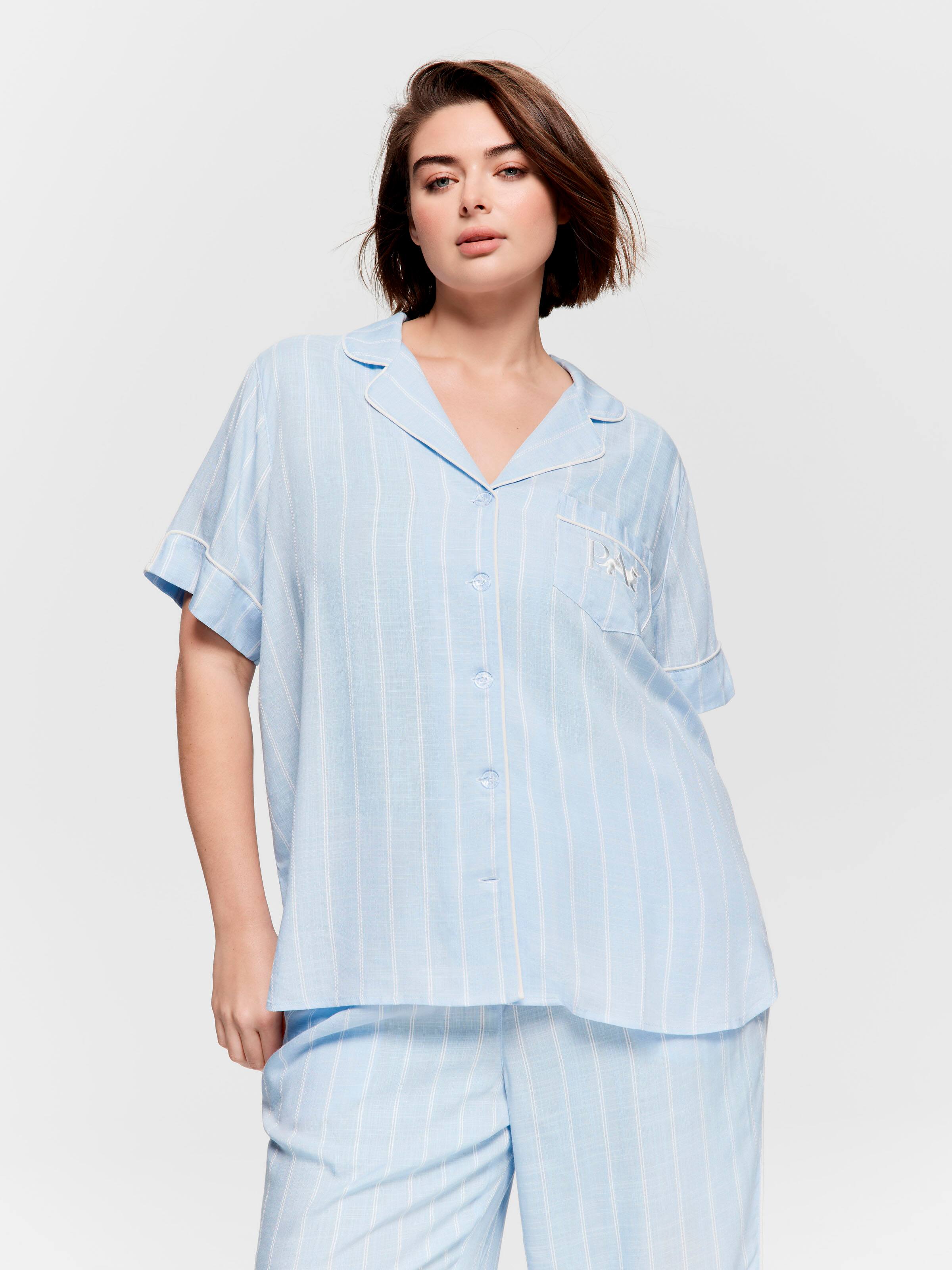 P.A. Plus Light Blue Stripe 100% Textured Viscose Short Sleeve Shirt