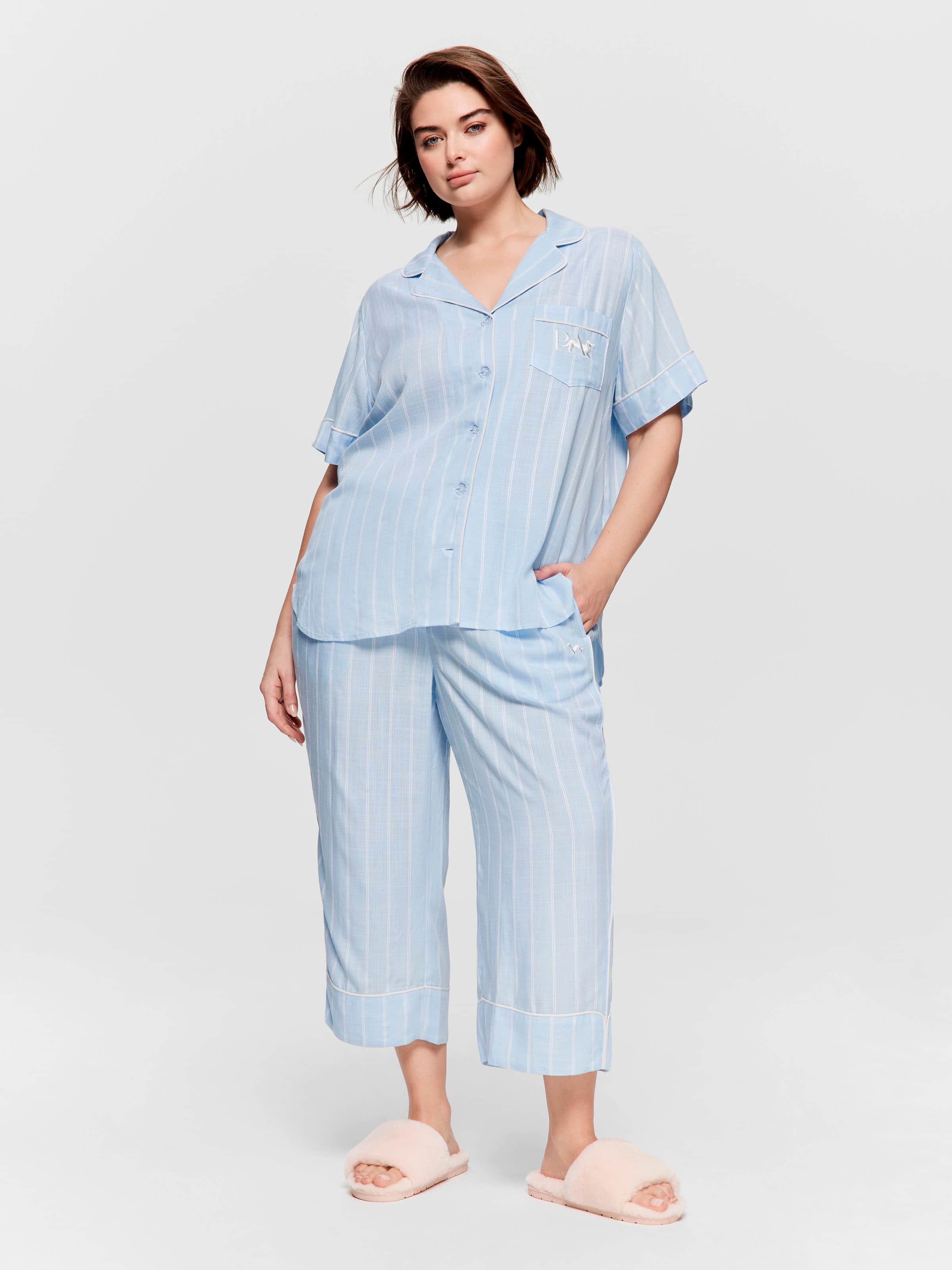 P.A. Plus Light Blue Stripe 100% Textured Viscose Short Sleeve Shirt