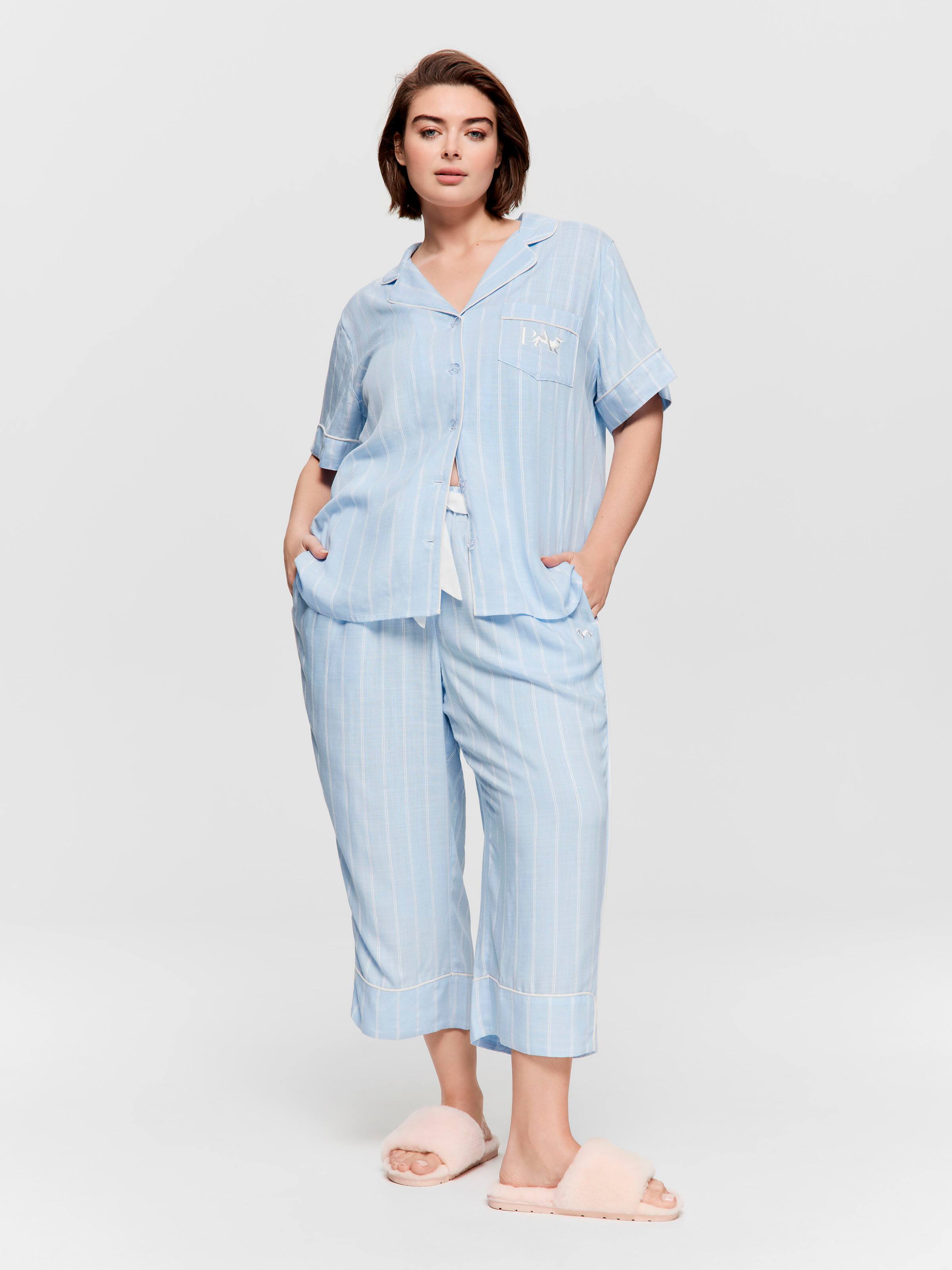 P.A. Plus Light Blue Stripe 100% Textured Viscose 3/4 Pj Pant