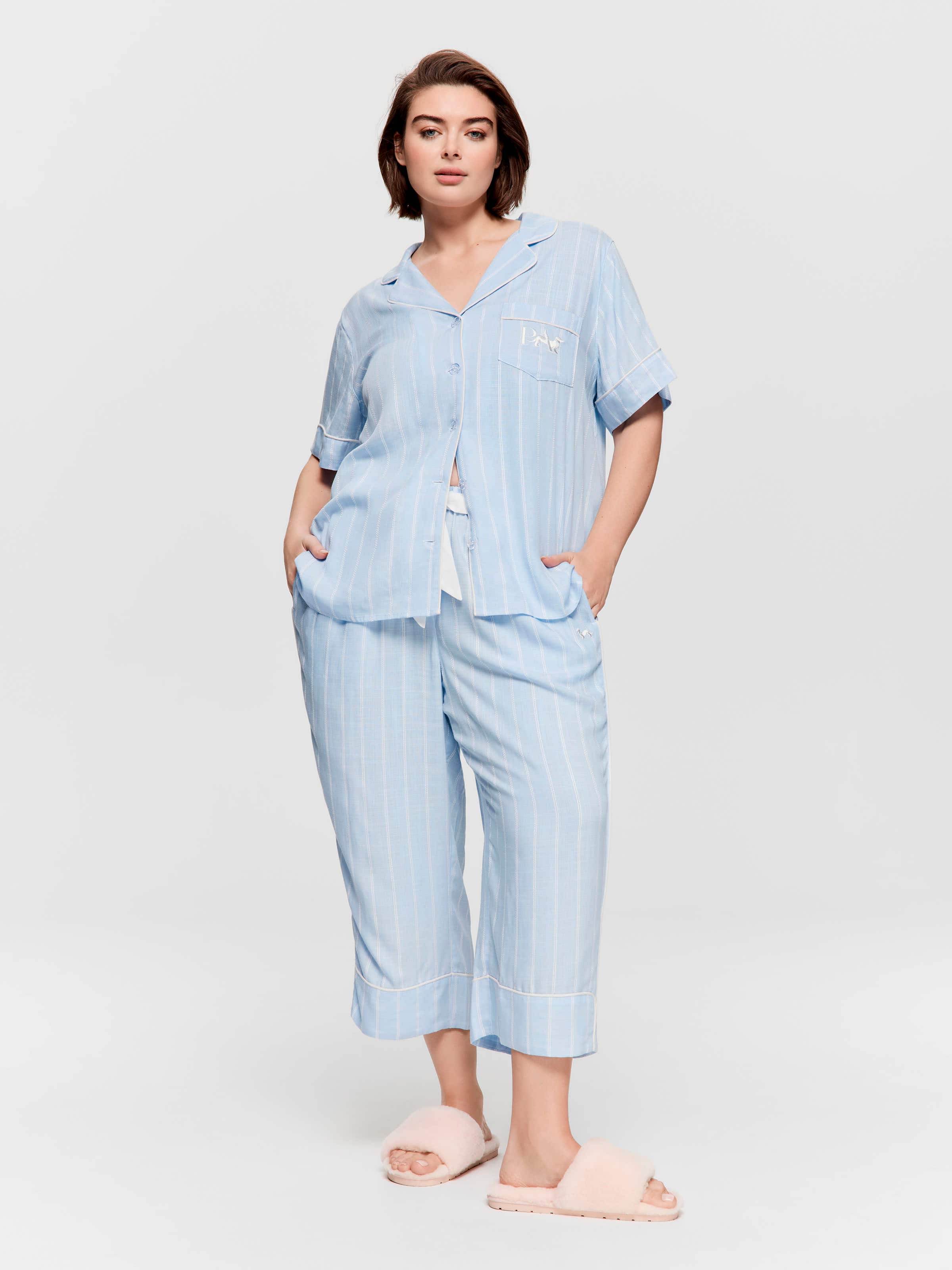 P.A. Plus Light Blue Stripe 100% Textured Viscose 3/4 Pj Pant