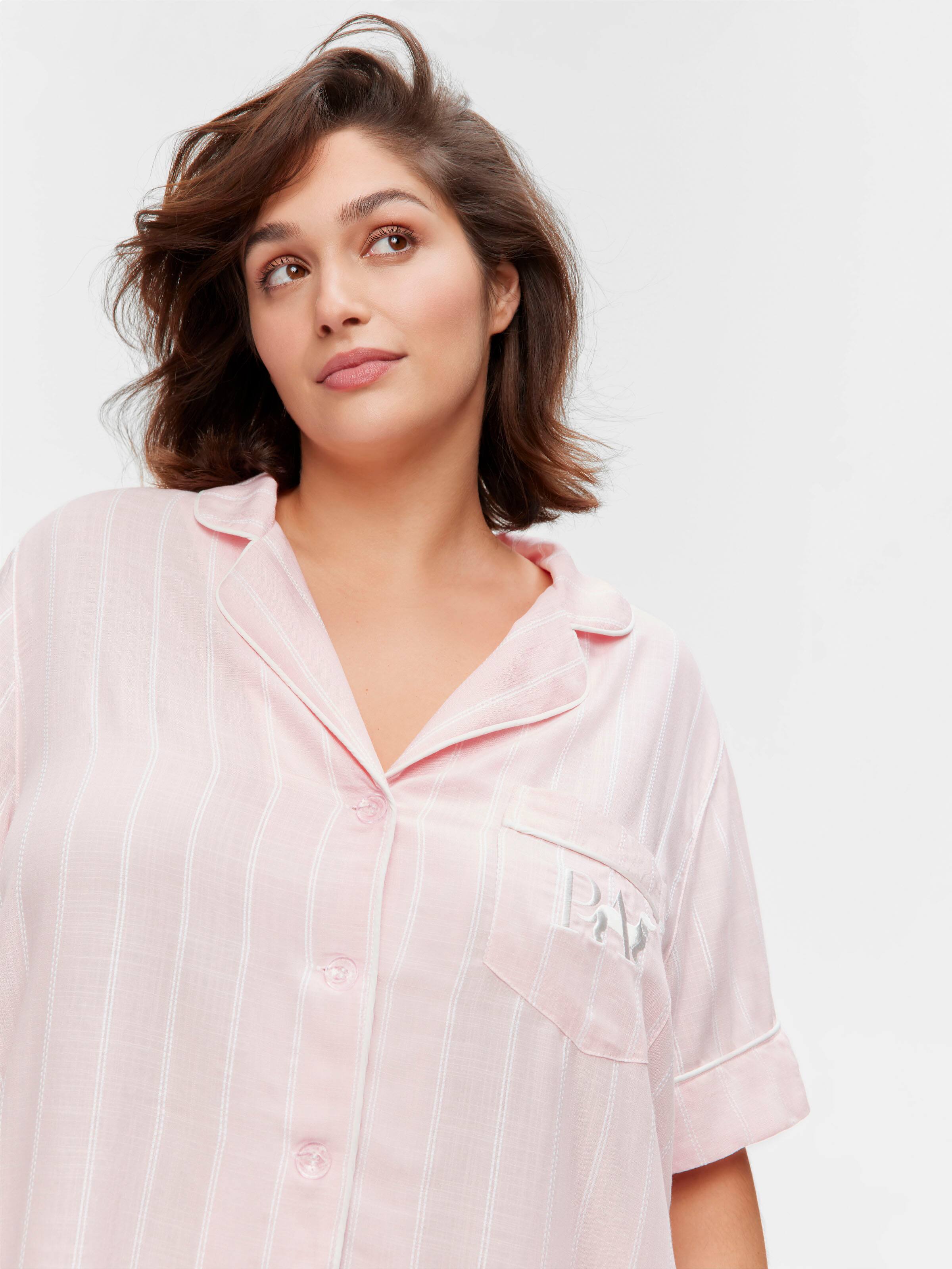 P.A. Plus Light Pink Stripe 100% Textured Viscose Short Sleeve Shirt