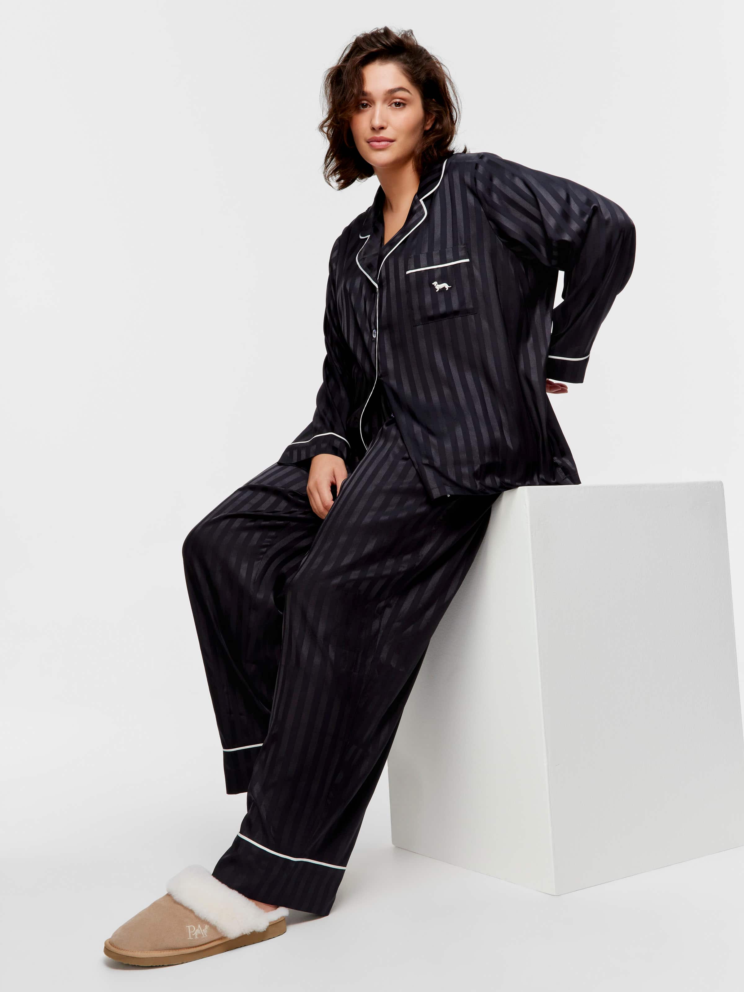 P.A. Plus Black Stripe Chic Satin Long Pj Set