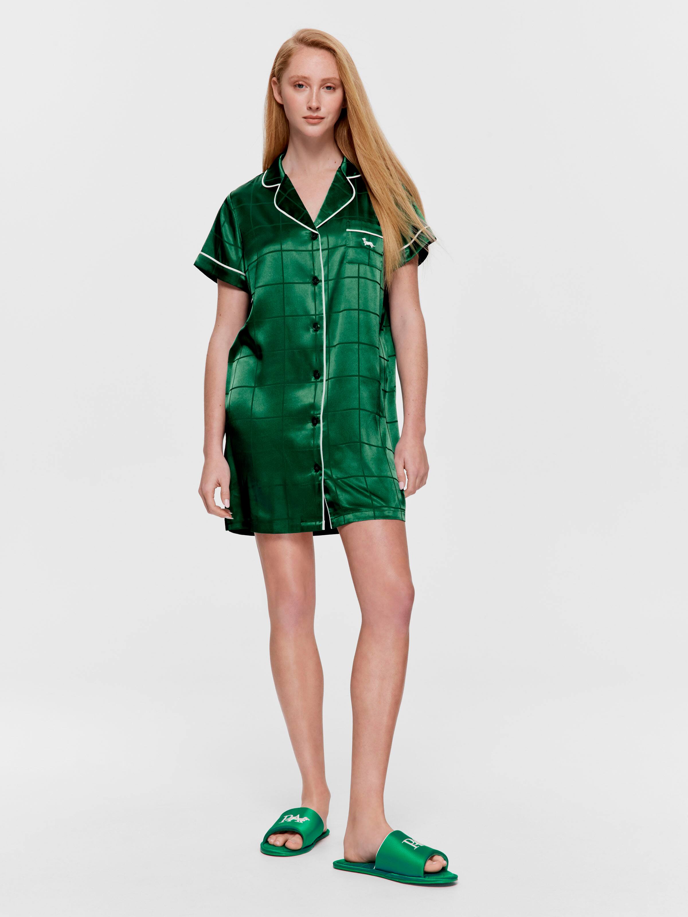 Green Check Satin Short Sleeve Nightshirt