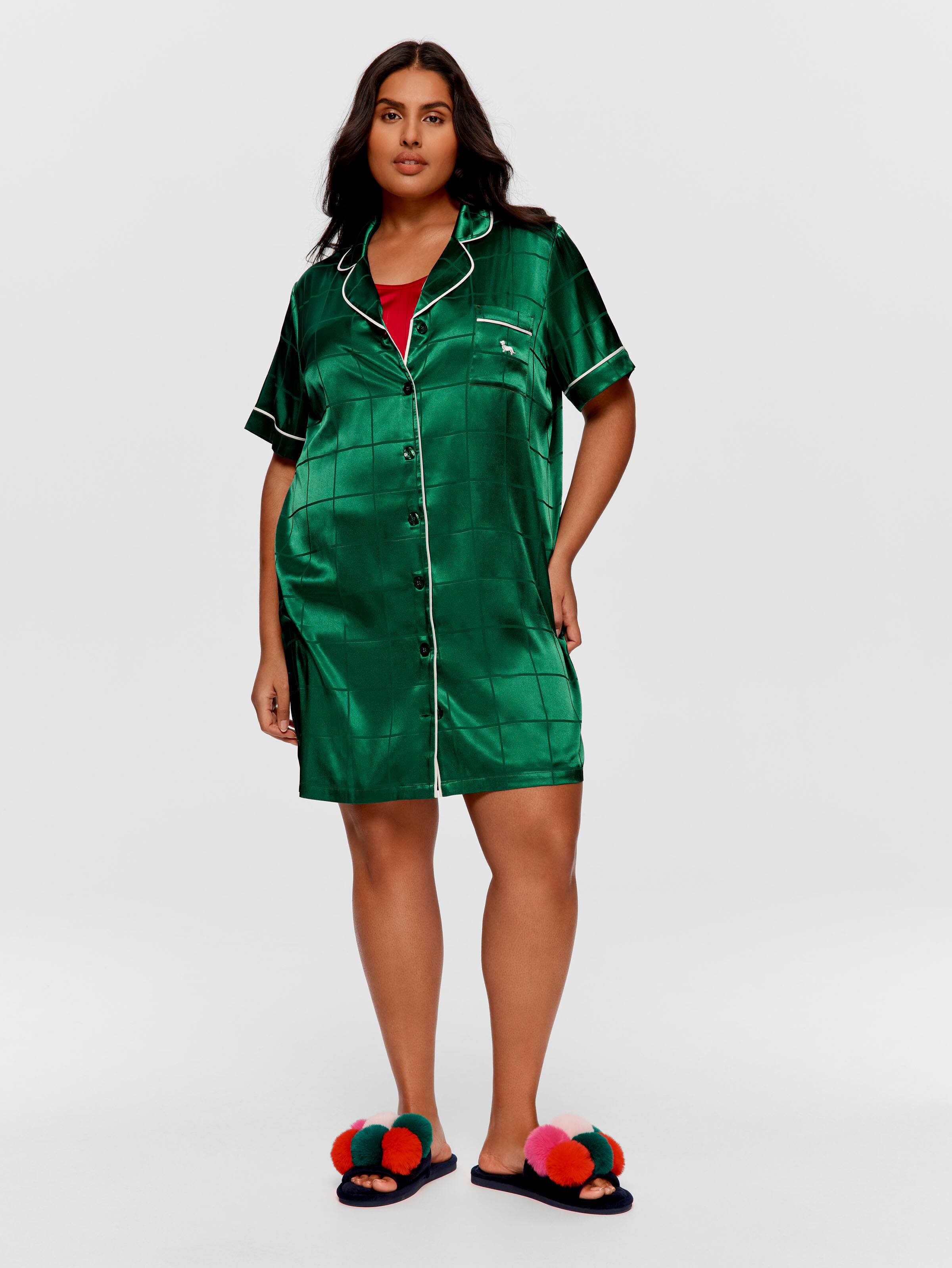 P.A. Plus Green Check Satin Short Sleeve Nightshirt