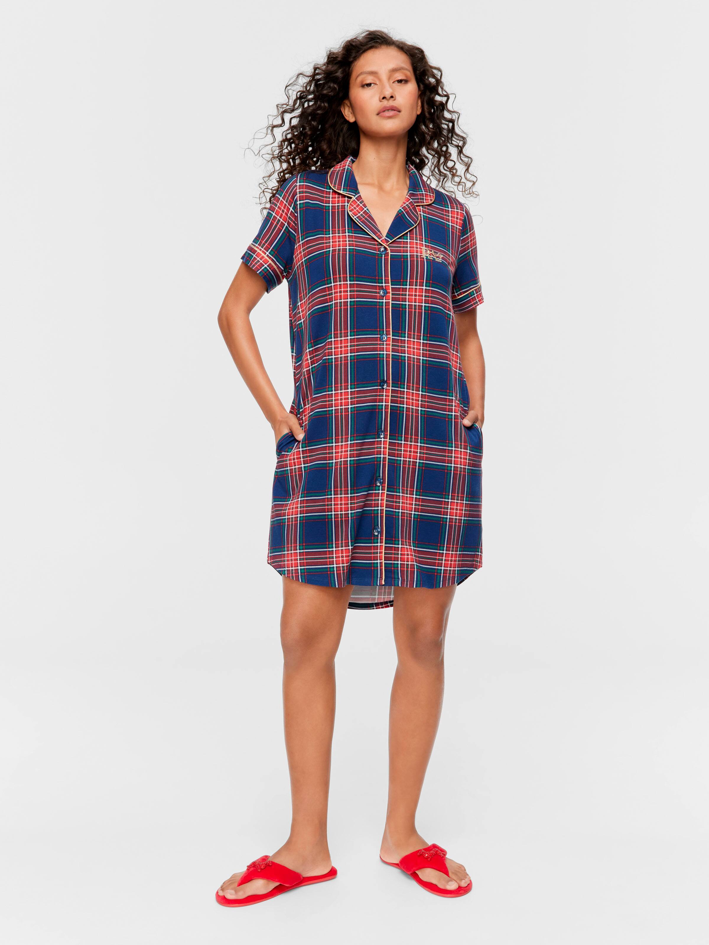 Navy Tartan Bamboo Blend Short Sleeve Nightshirt