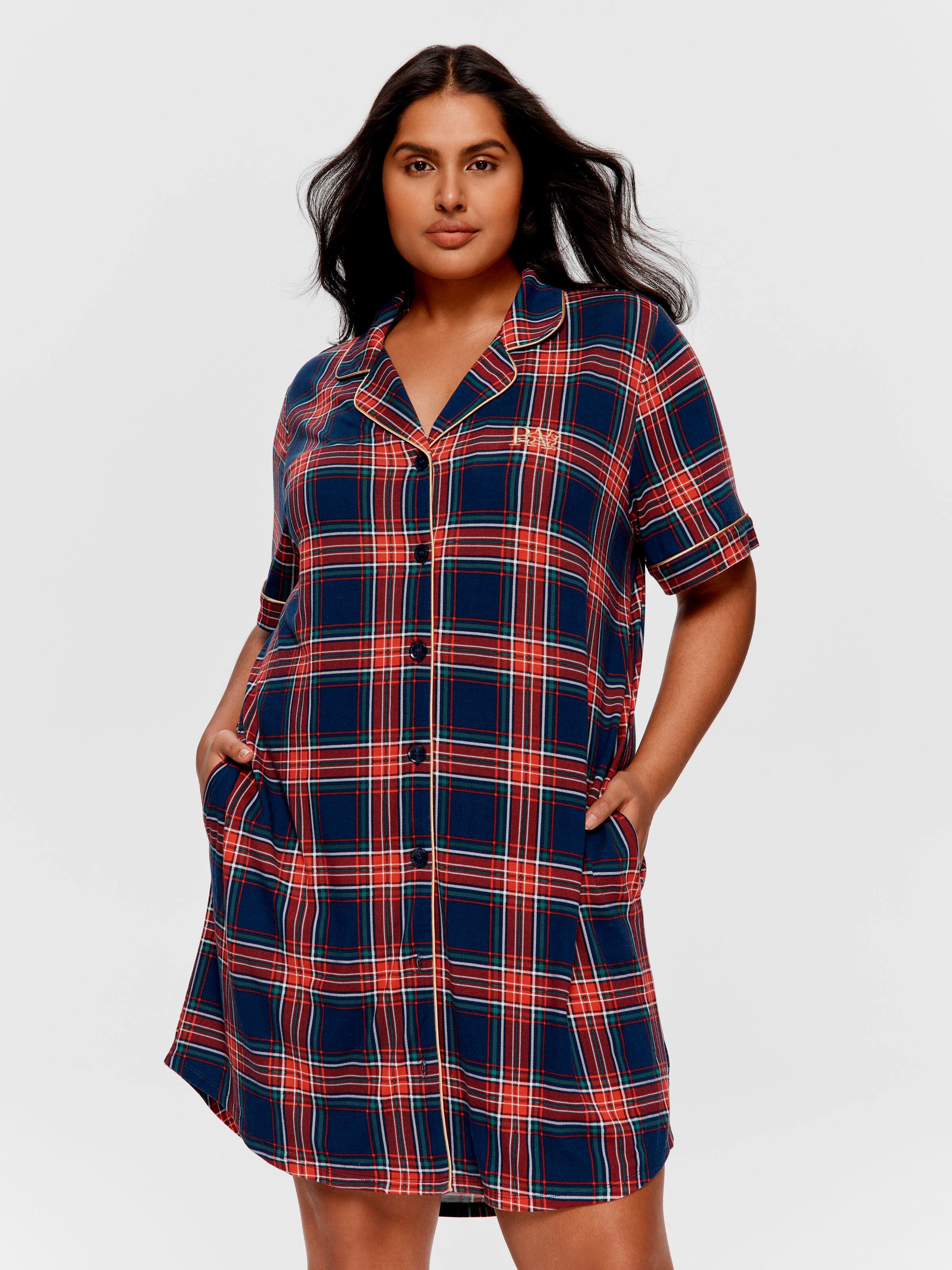 P.A. Plus Navy Tartan Bamboo Blend Short Sleeve Nightshirt