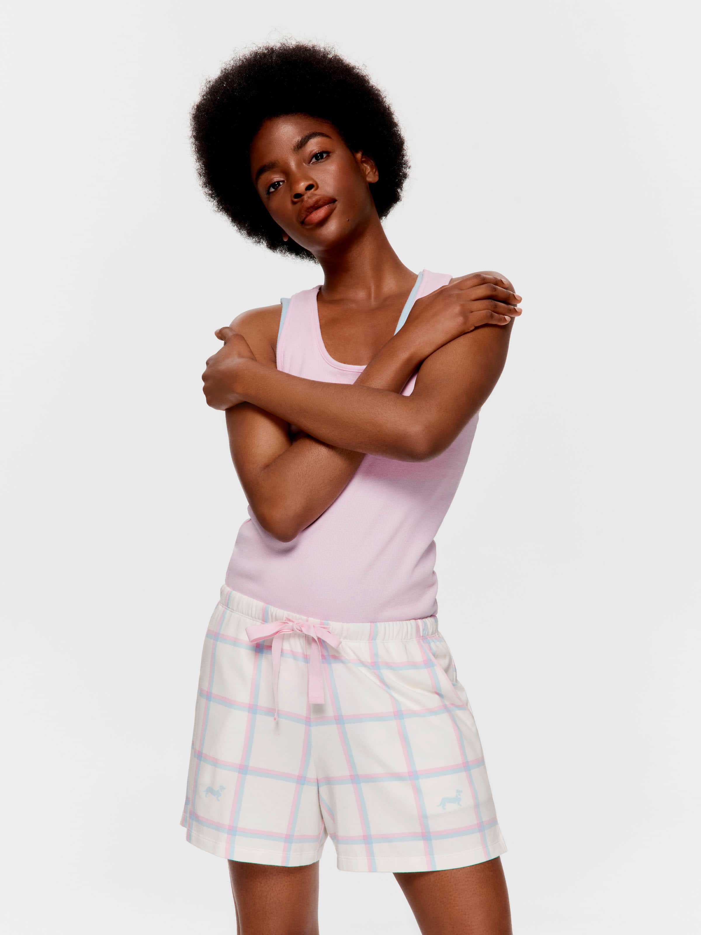 Cream Windowpane Long Pj Short