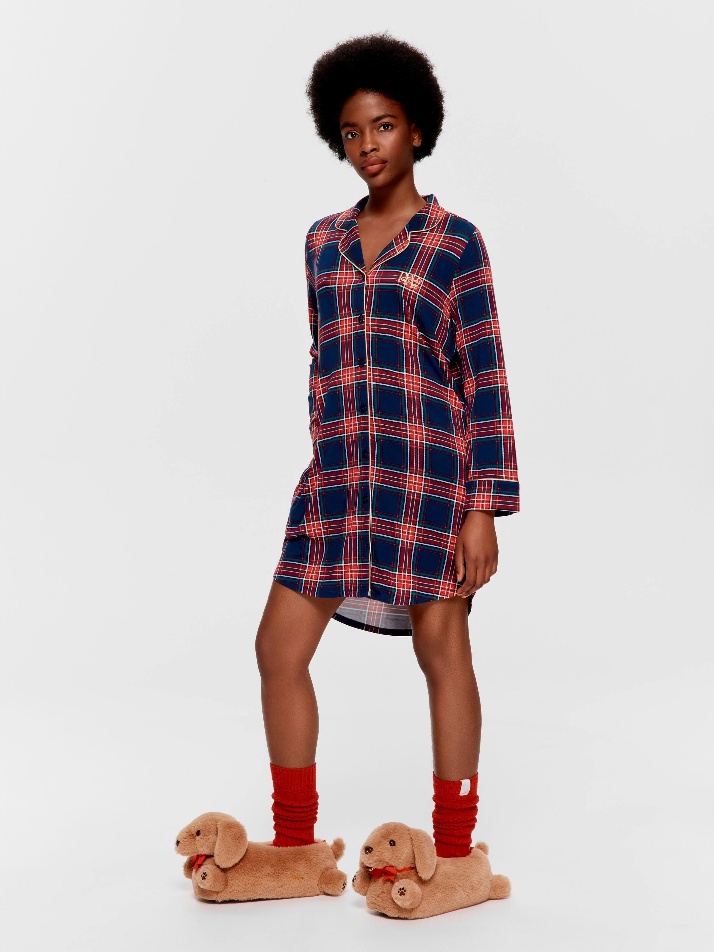 Navy Tartan Bamboo Blend Long Sleeve Nightshirt