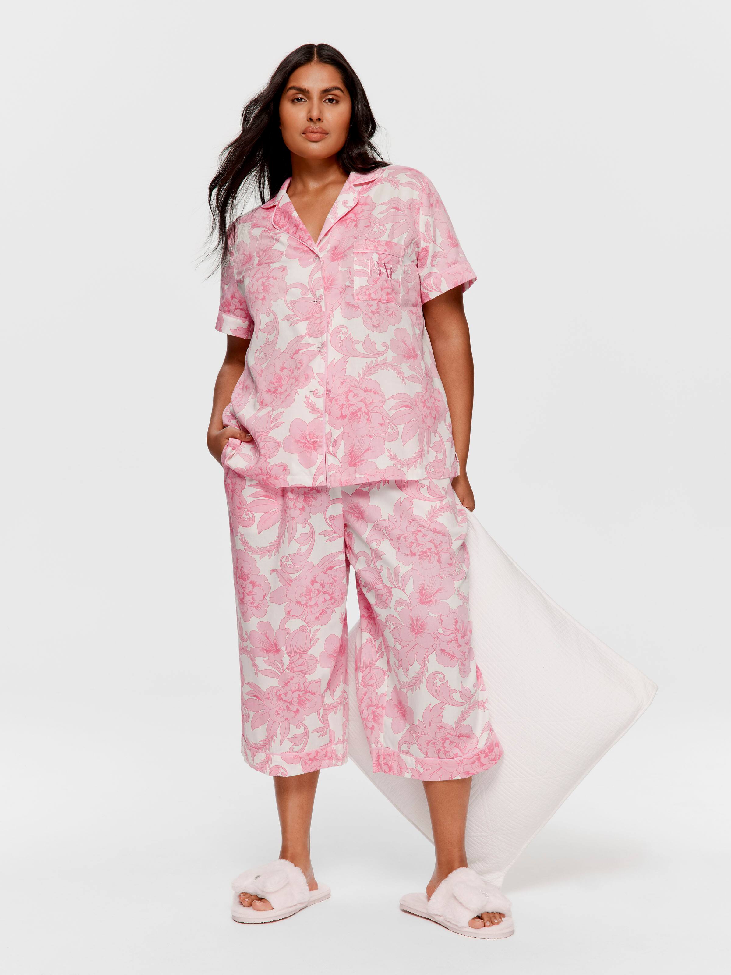 P.A. Plus Pink Floral 100% Soft Cotton Short Sleeve & 3/4 Pant Pj Set