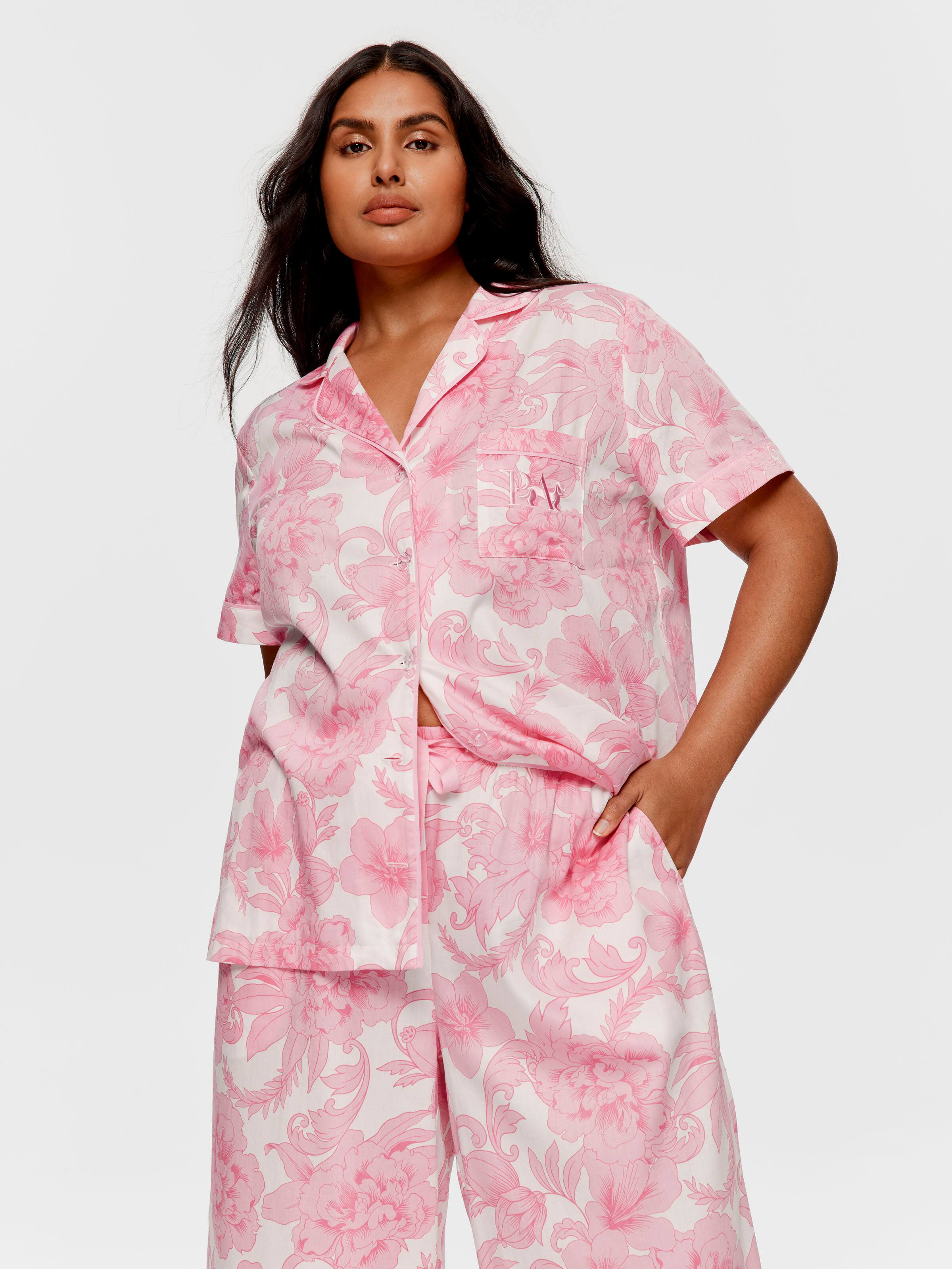 P.A. Plus Pink Floral 100% Soft Cotton Short Sleeve & 3/4 Pant Pj Set