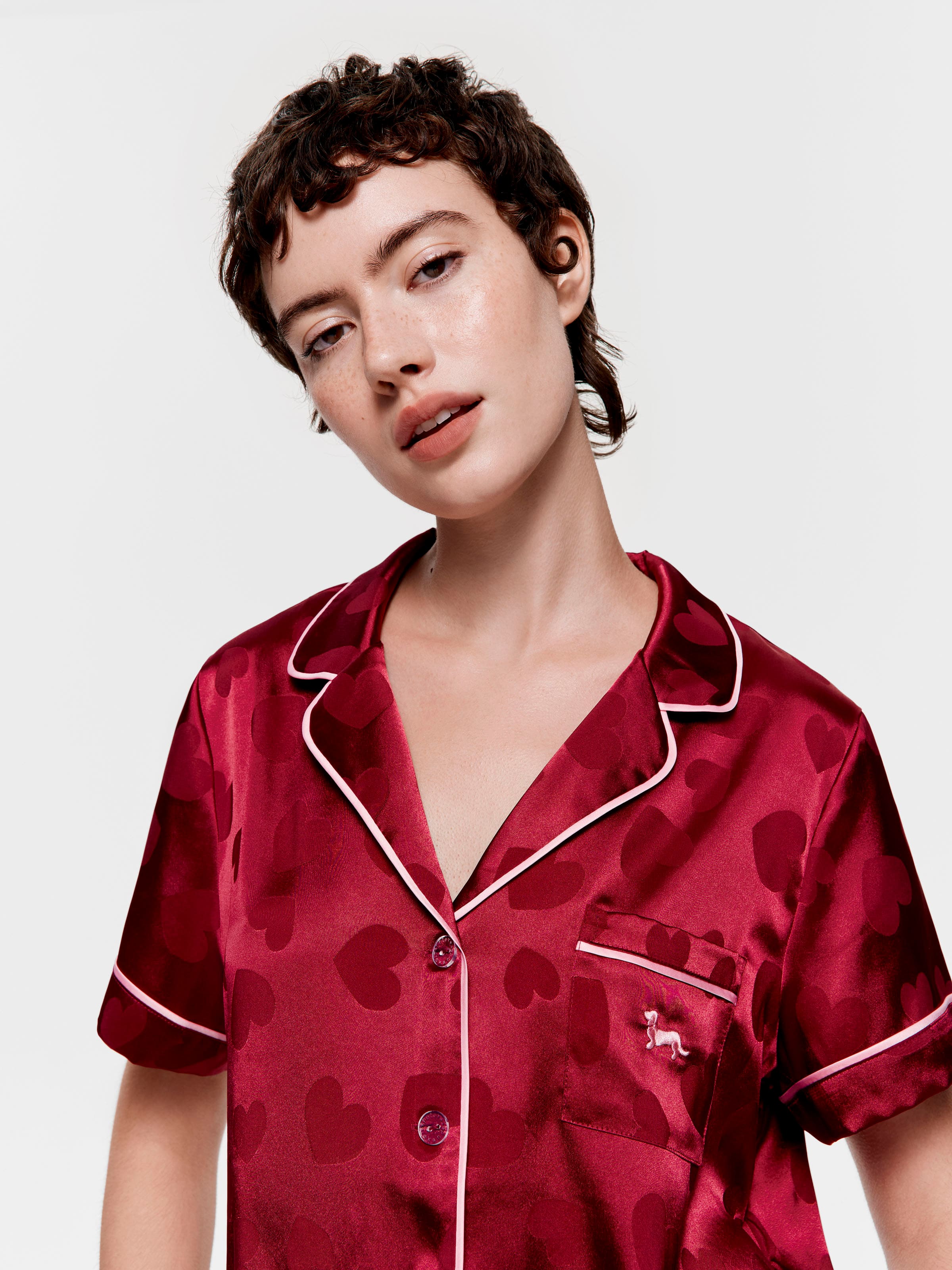 Hearts Chic Satin Shortie Pj Set Ox Blood - Peter Alexander Online