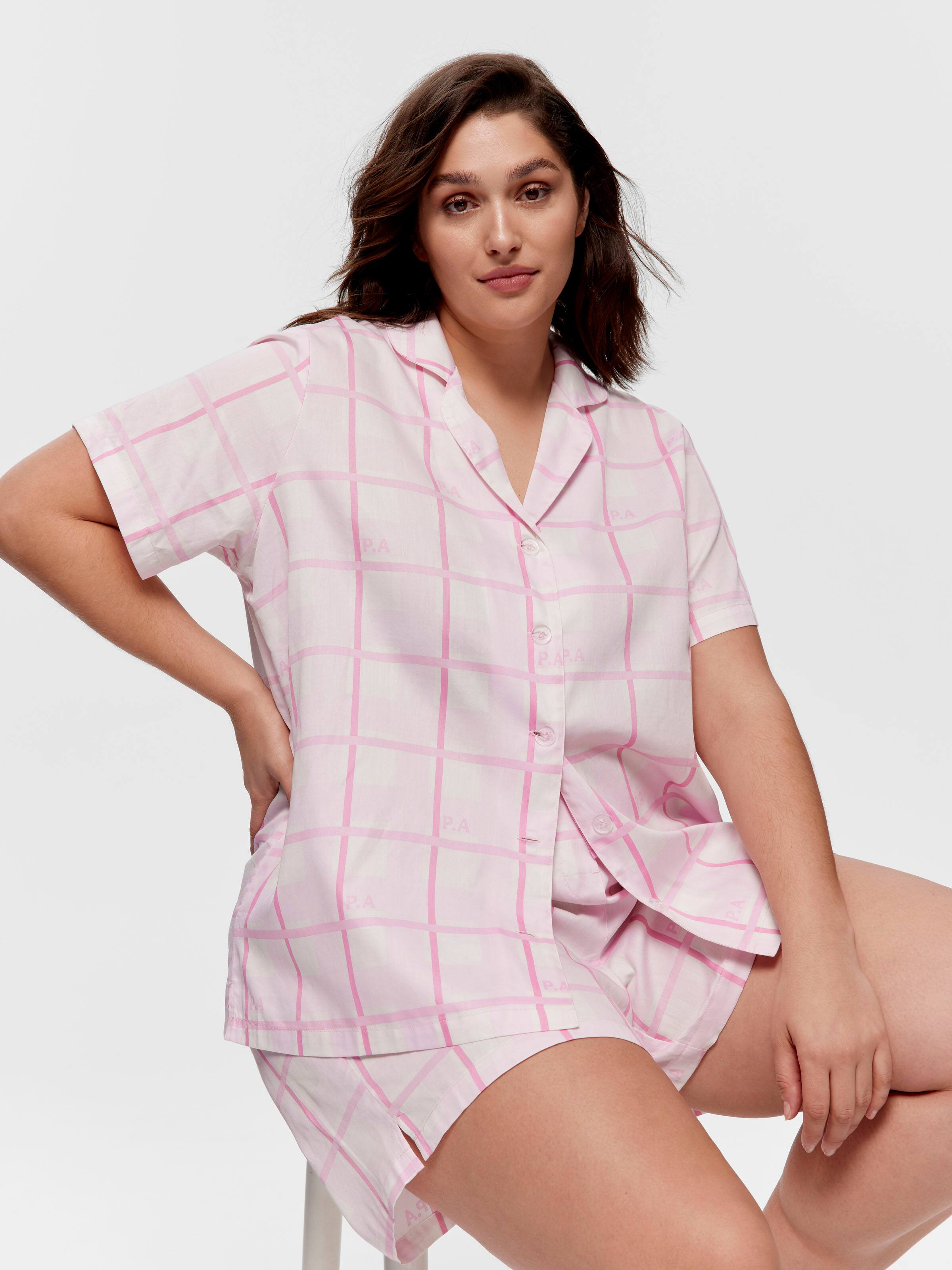 P.A. Plus Pink Windowpane 100% Cotton Shortie Pj Set