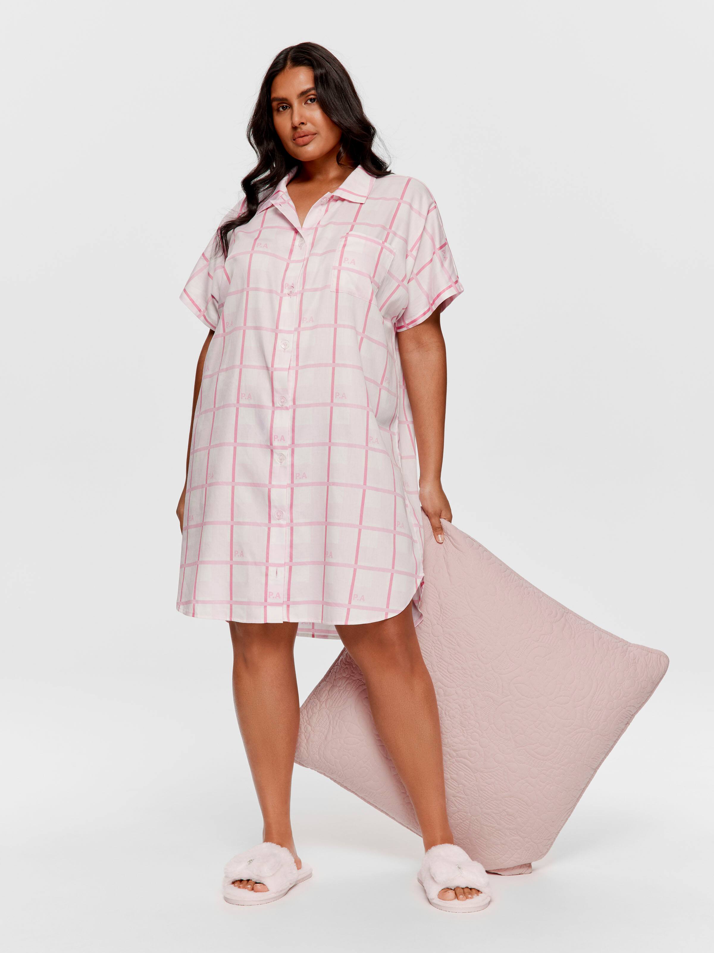 P.A. Plus Pink Windowpane 100% Cotton Boyfriend Nightshirt