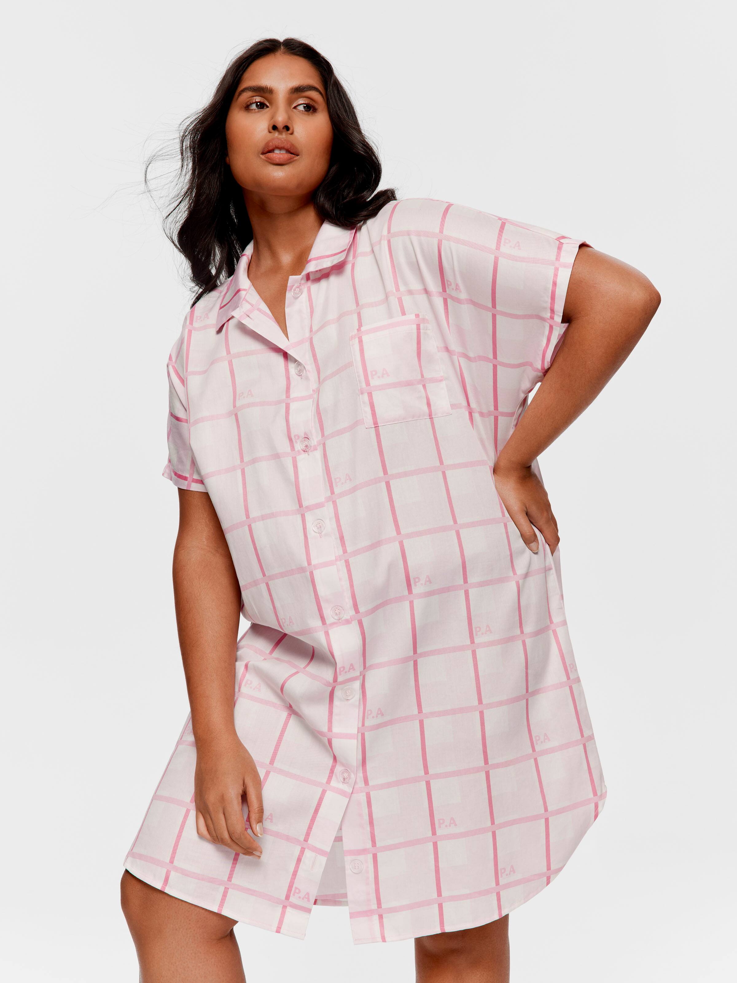 P.A. Plus Pink Windowpane 100% Cotton Boyfriend Nightshirt