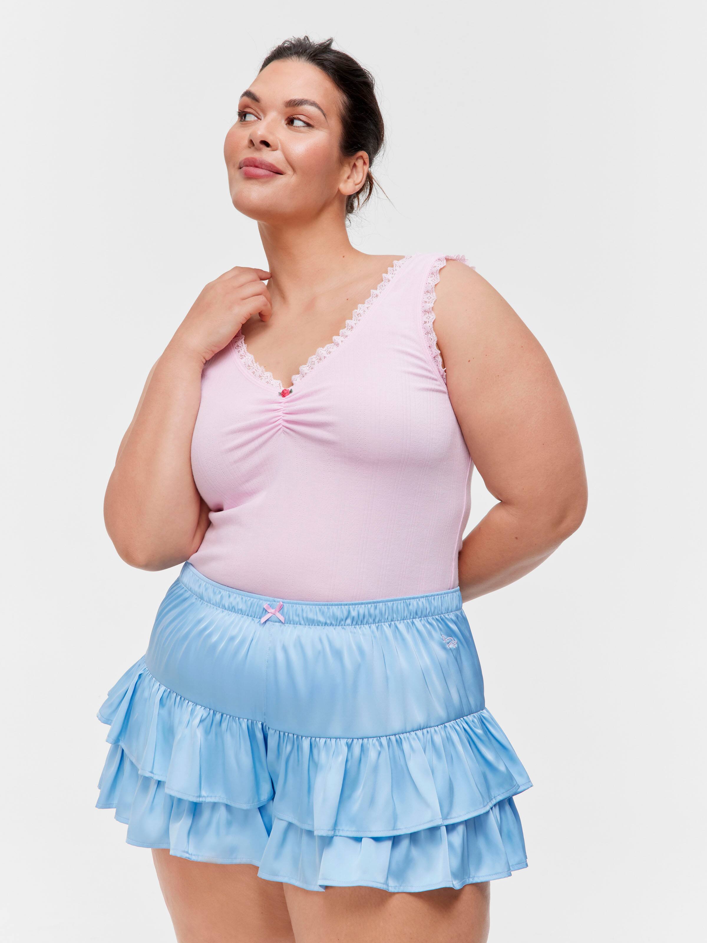 P.A. Plus Blue Satin Ruffle Mini Short