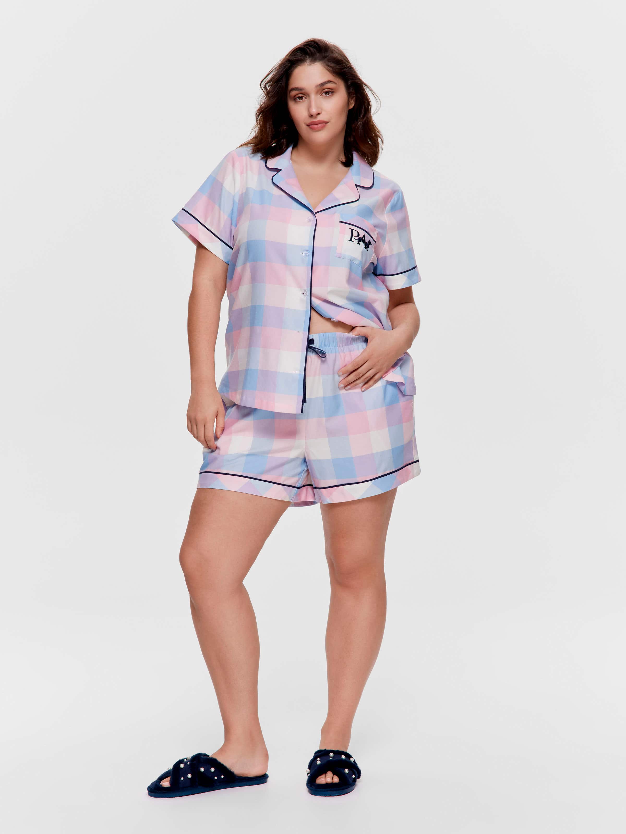 P.A. Plus Bedtime Stories Check 100% Cotton Classic Shortie Pj Set