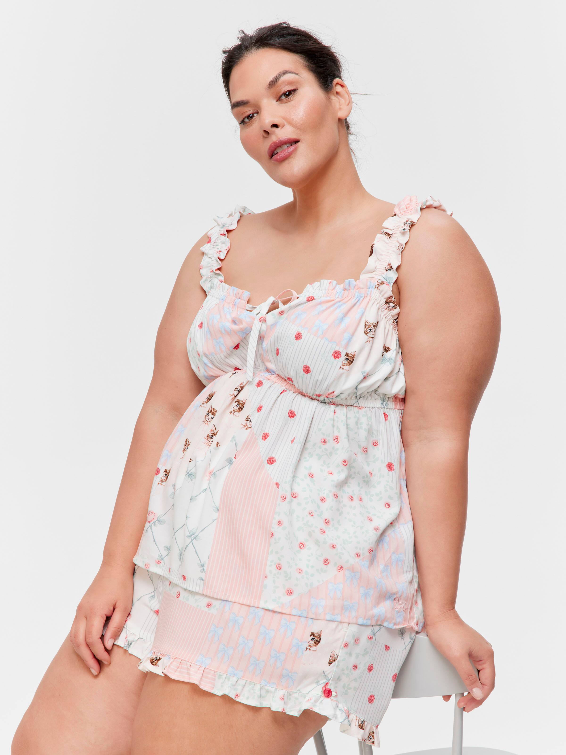 P.A. Plus Vintage Cat Patchwork Frill Cami Shortie Pj Set