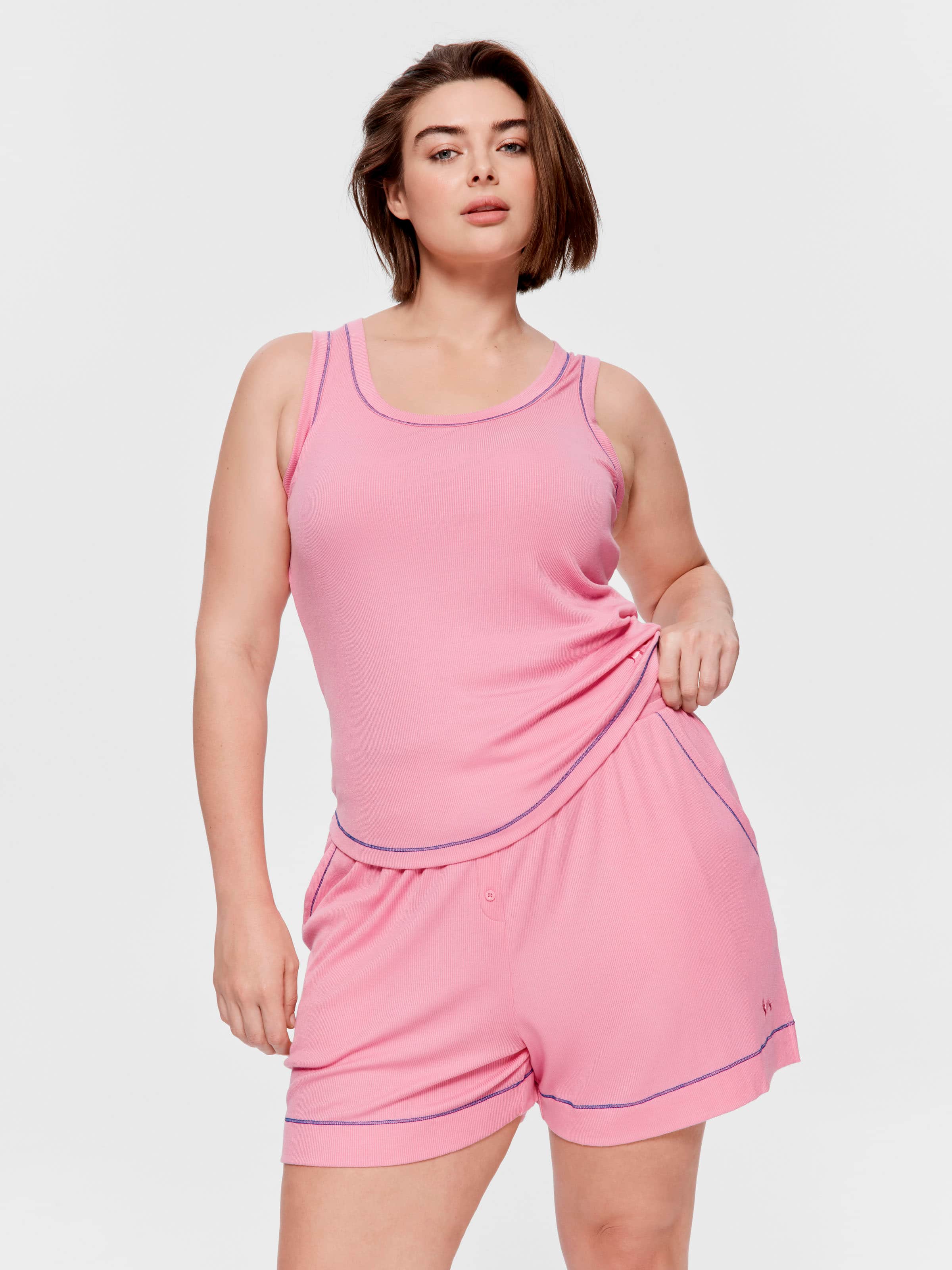 P.A. Plus Pink Contrast Bamboo Rib Tank