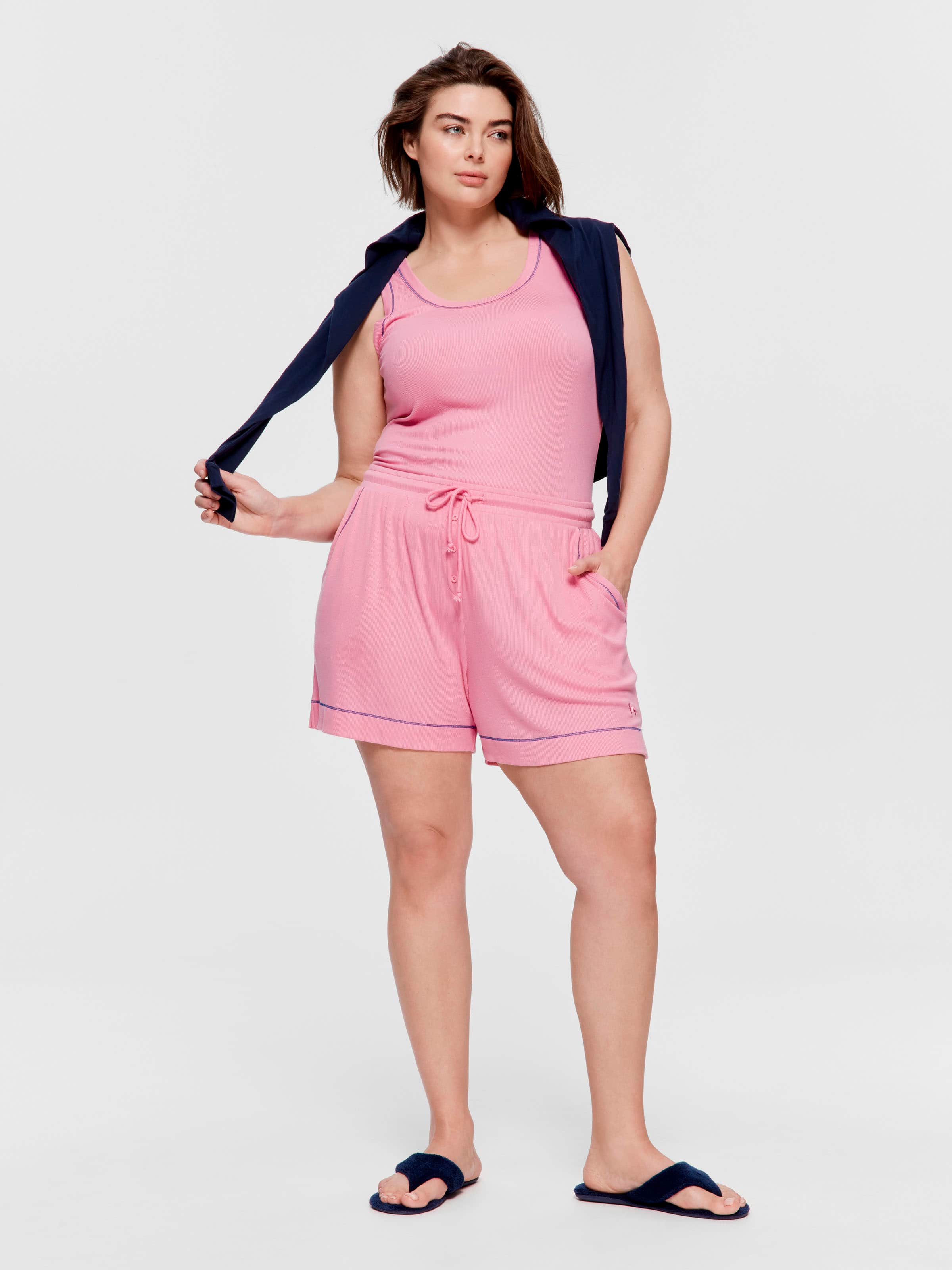 P.A. Plus Pink Contrast Bamboo Rib Long Short