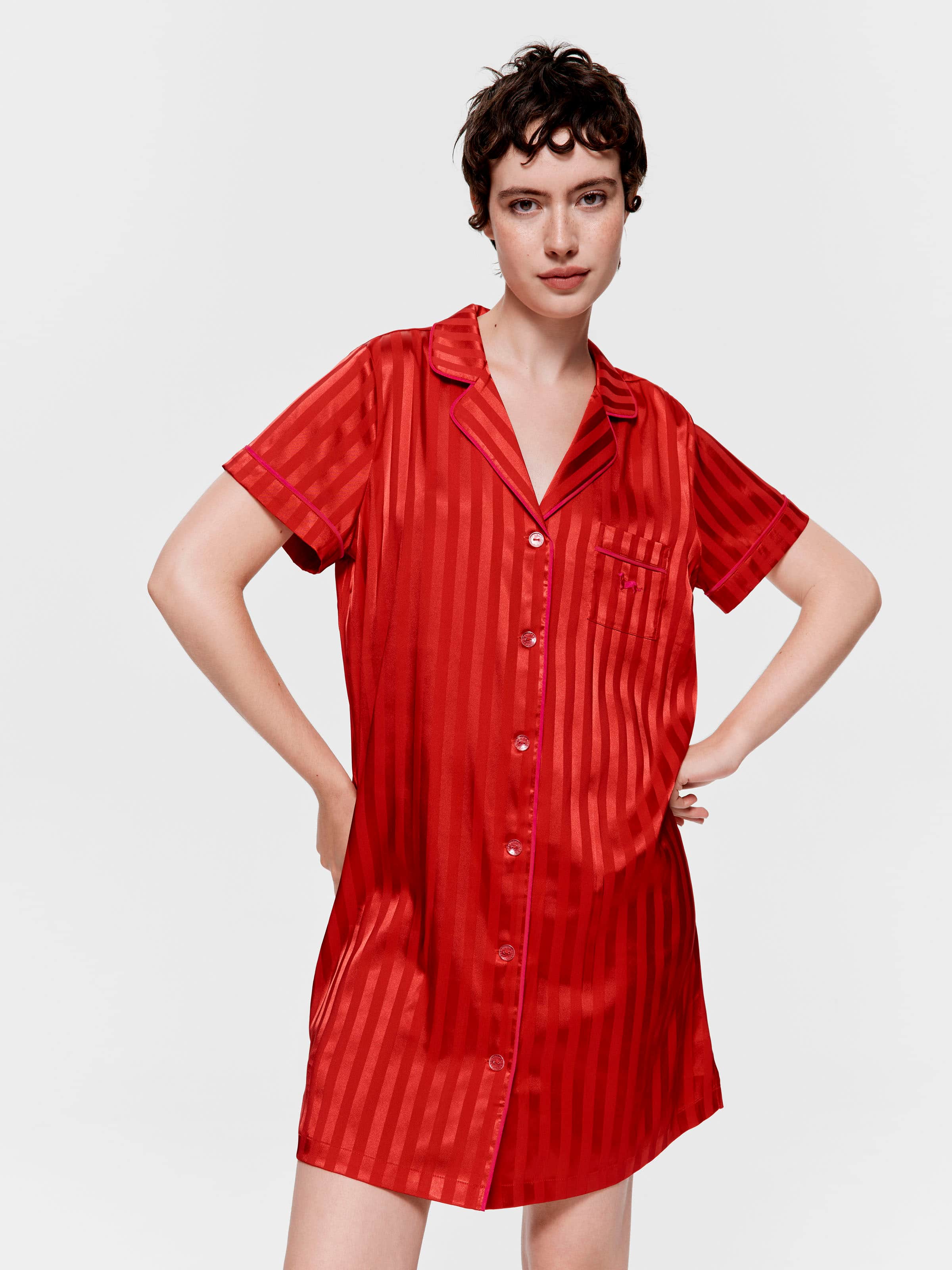 Red Stripe Satin Short Sleeve Nightshirt