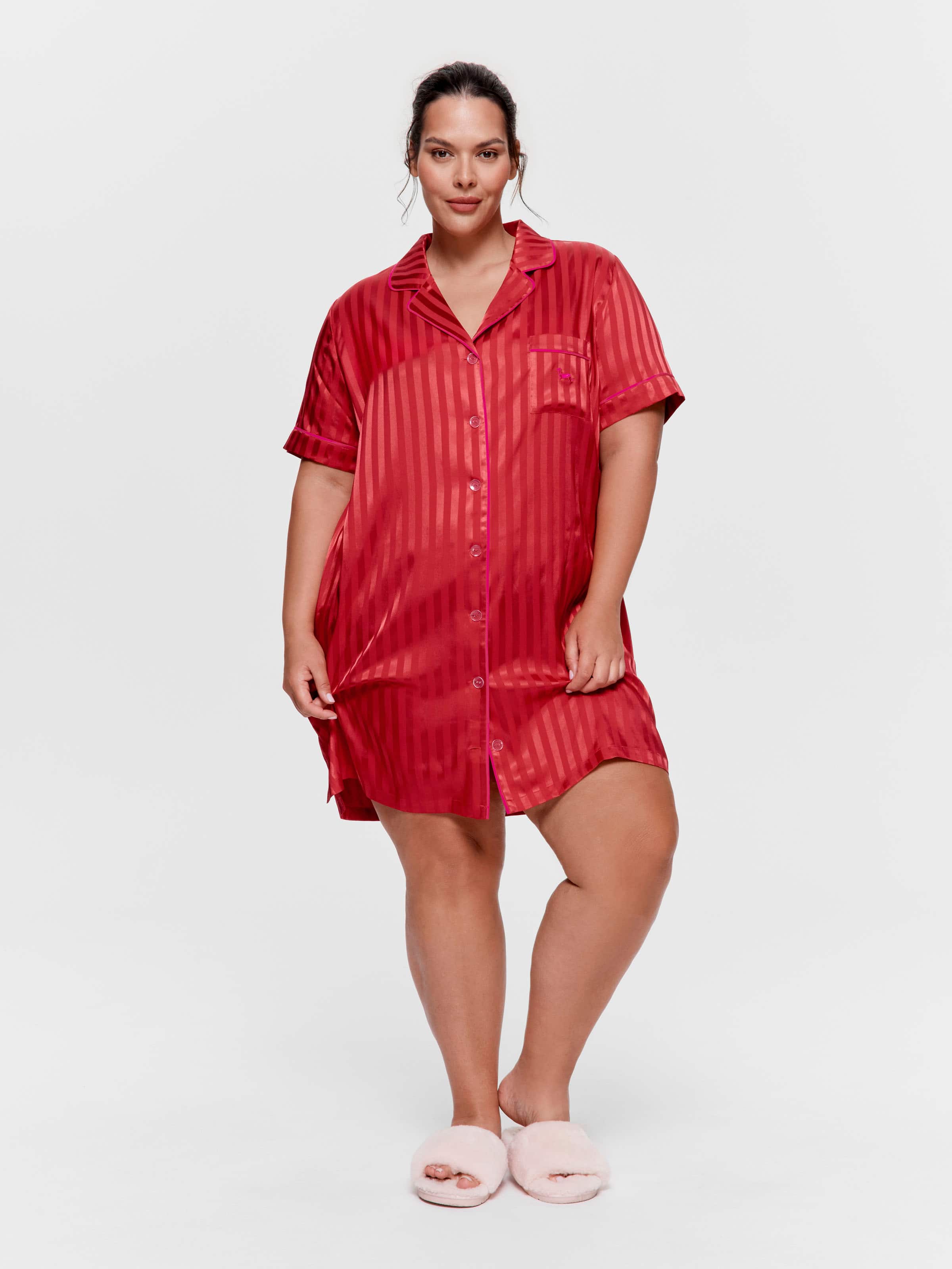 P.A. Plus Red Stripe Satin Short Sleeve Nightshirt
