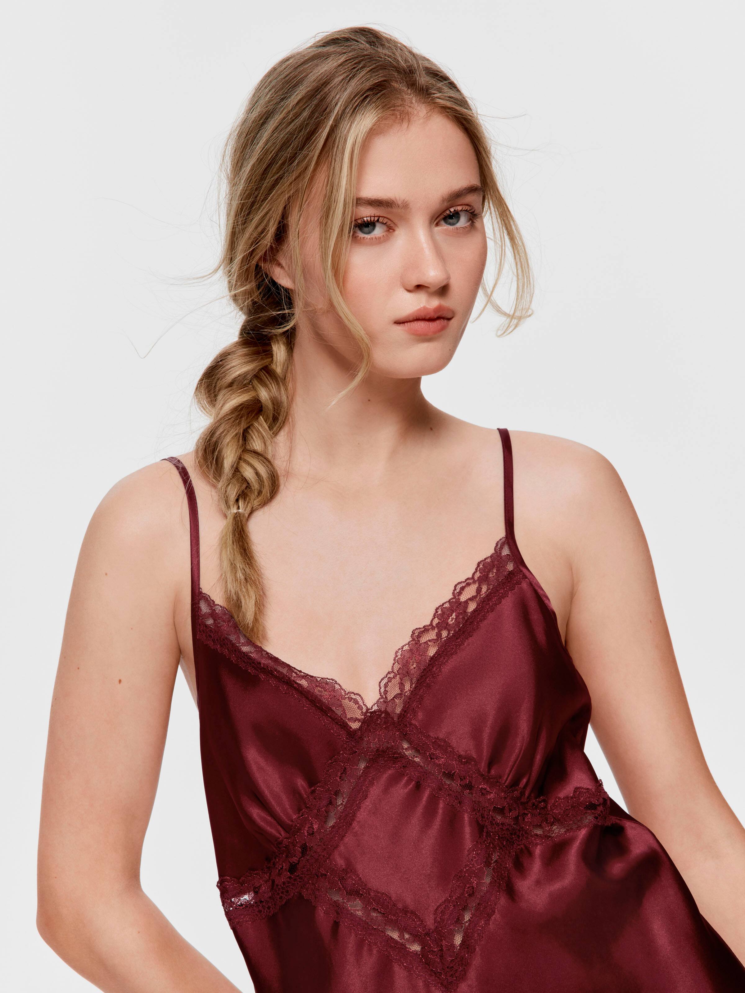 Merlot Lace Trim Satin Slip Nightie