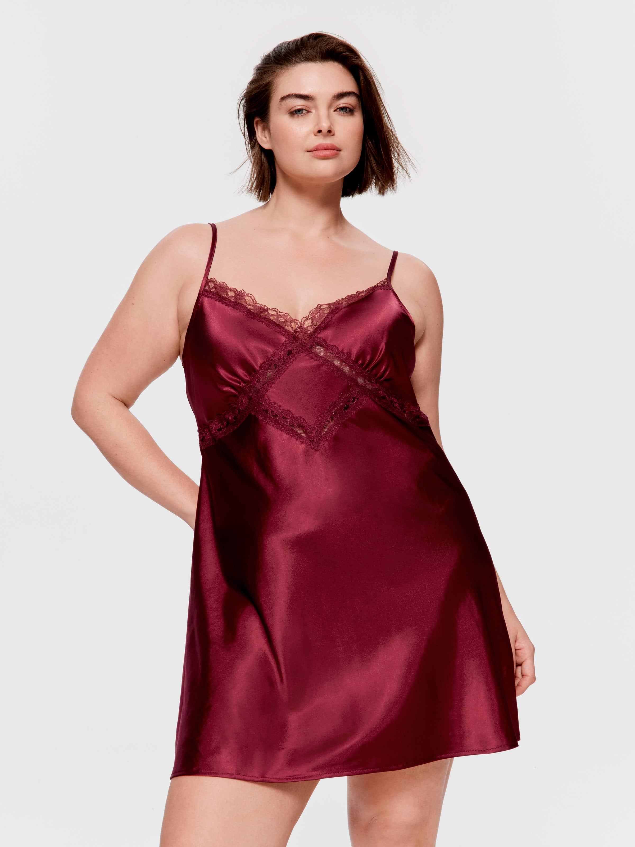 P.A. Plus Merlot Lace Trim Satin Slip Nightie