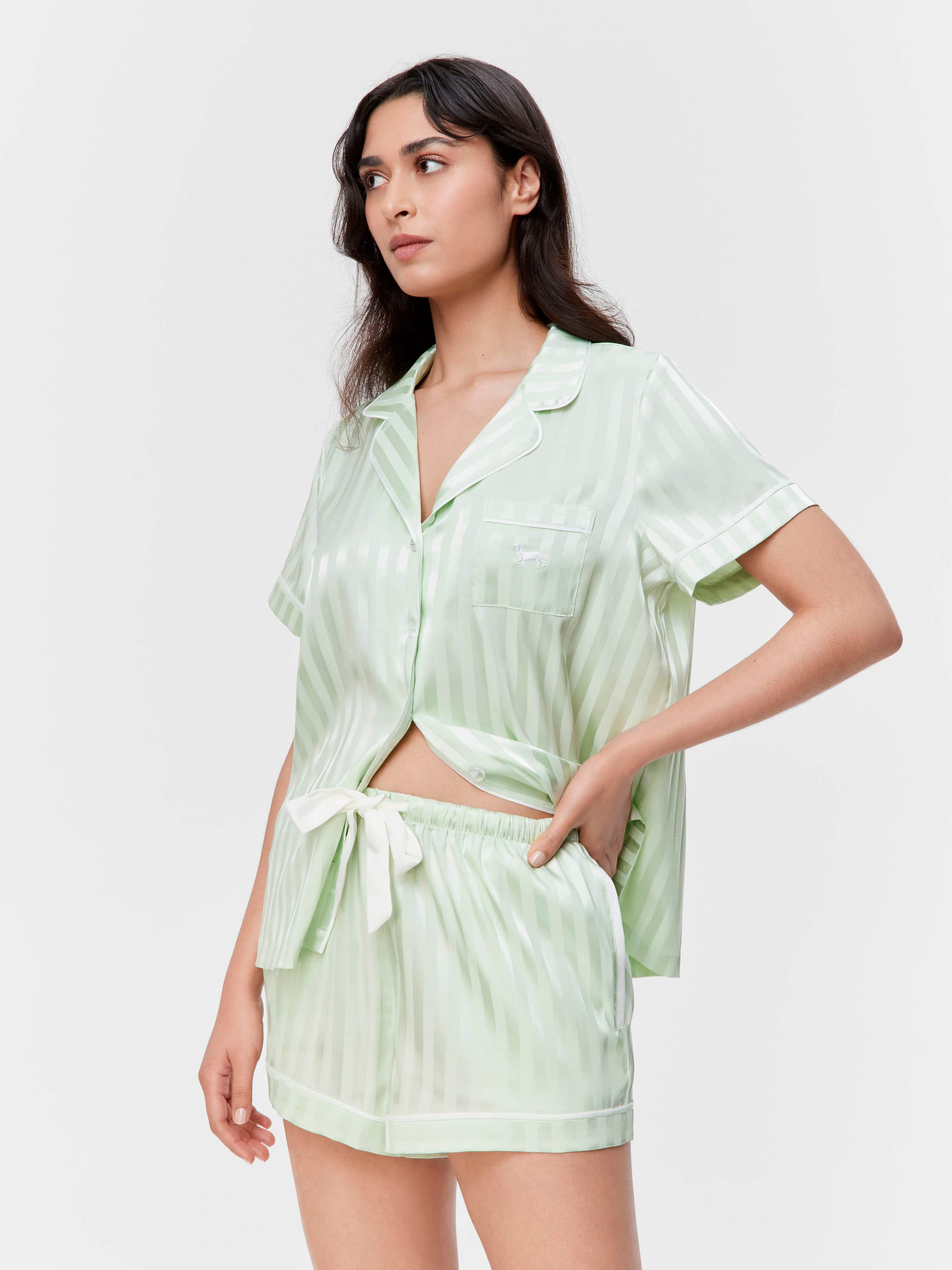 Pistachio Stripe Chic Satin Shortie Pj Set