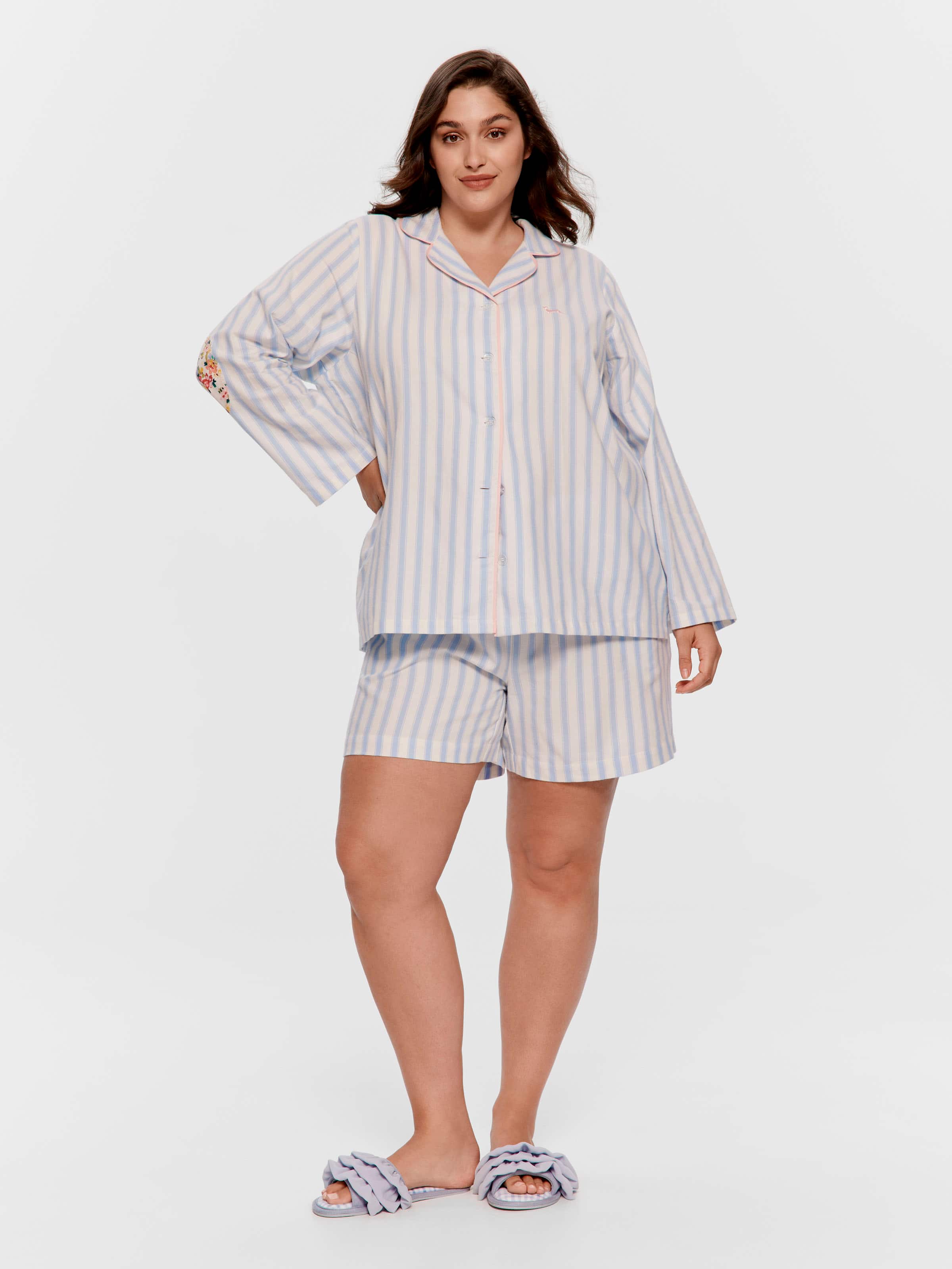 P.A. Plus Stripe Floral Trim 100% Cotton Long Sleeve Shirt