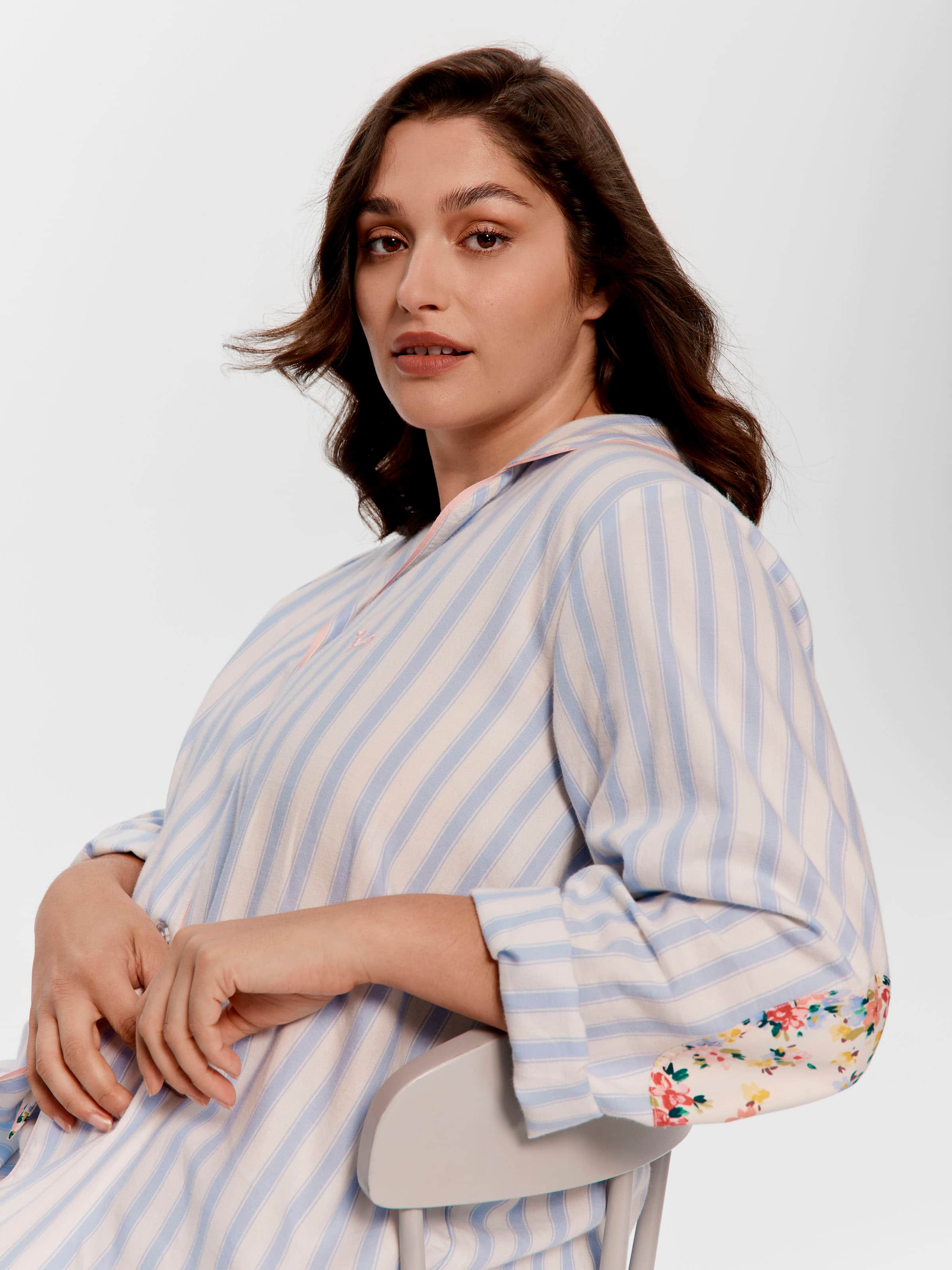 P.A. Plus Stripe Floral Trim 100% Cotton Long Sleeve Shirt