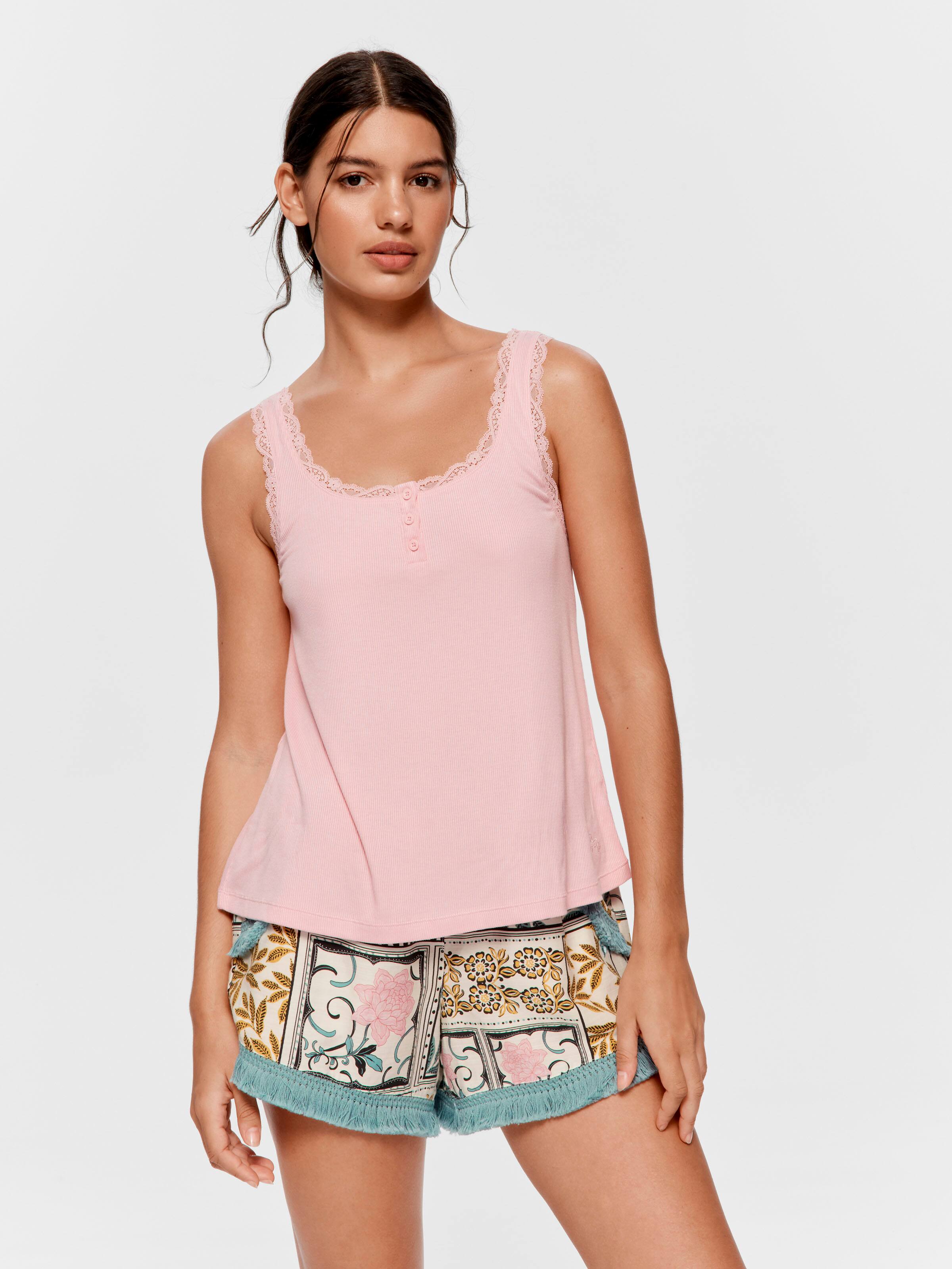 Peach Bamboo Rib Lace Cami