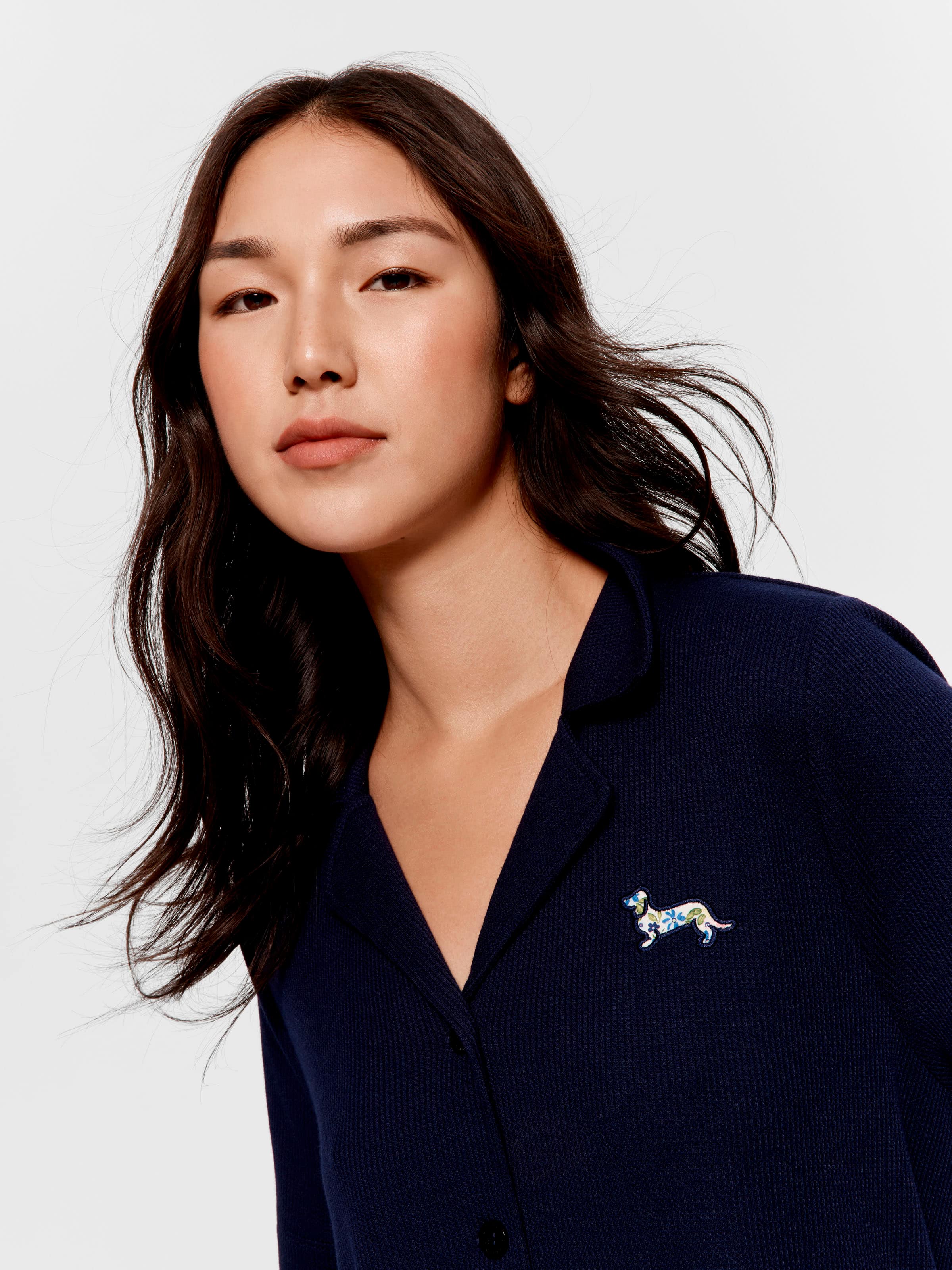 Navy Floral Trim Waffle Short Sleeve Shirt