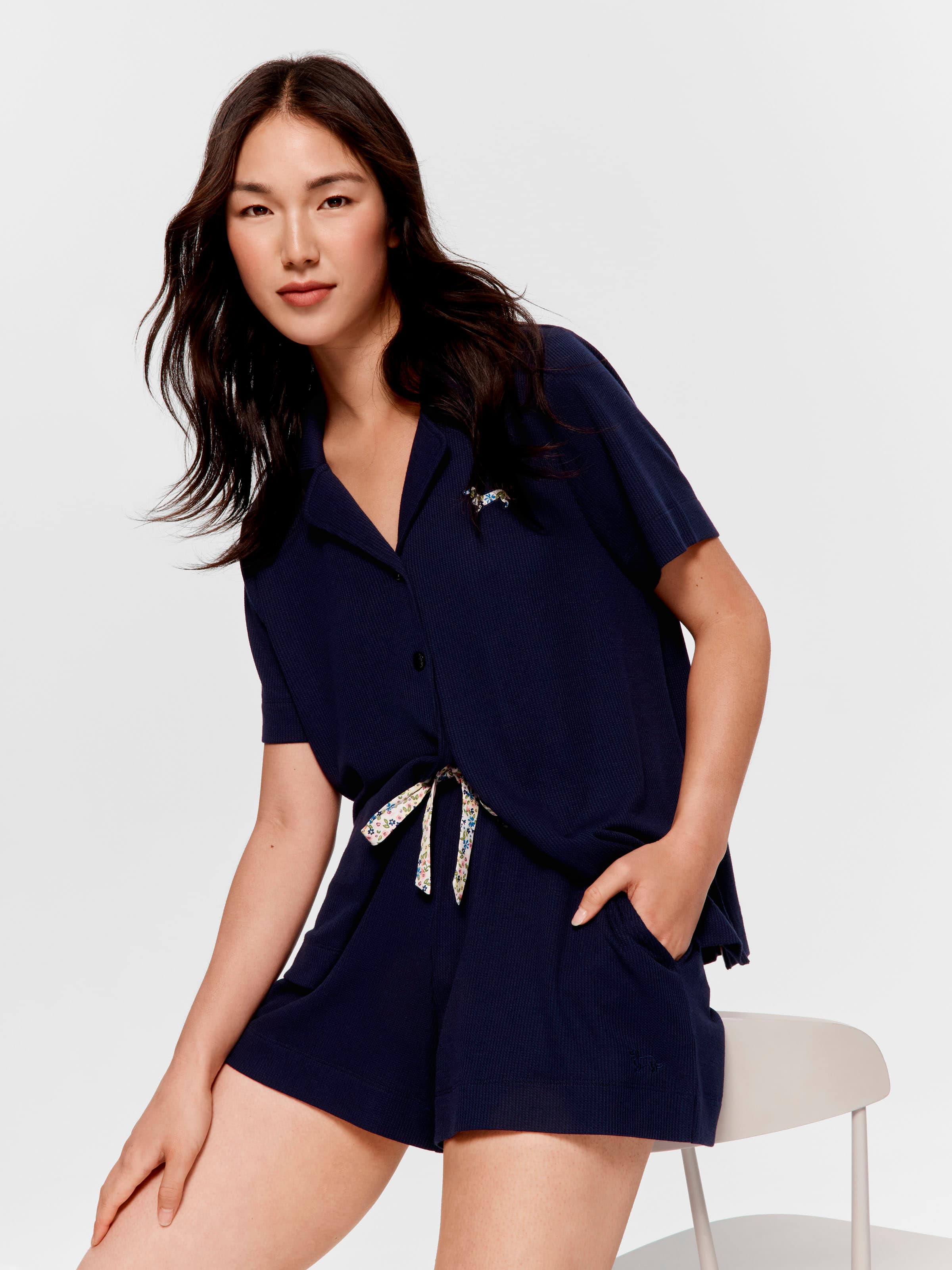 Navy Floral Trim Waffle Mid Short