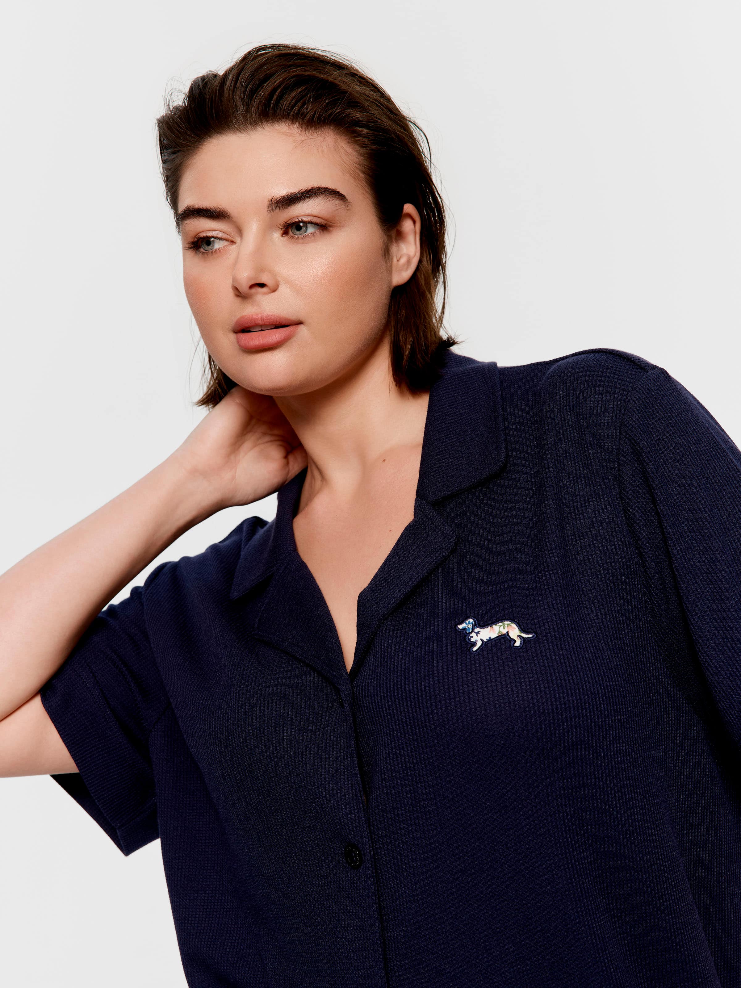 P.A. Plus Navy Floral Trim Waffle Short Sleeve Shirt