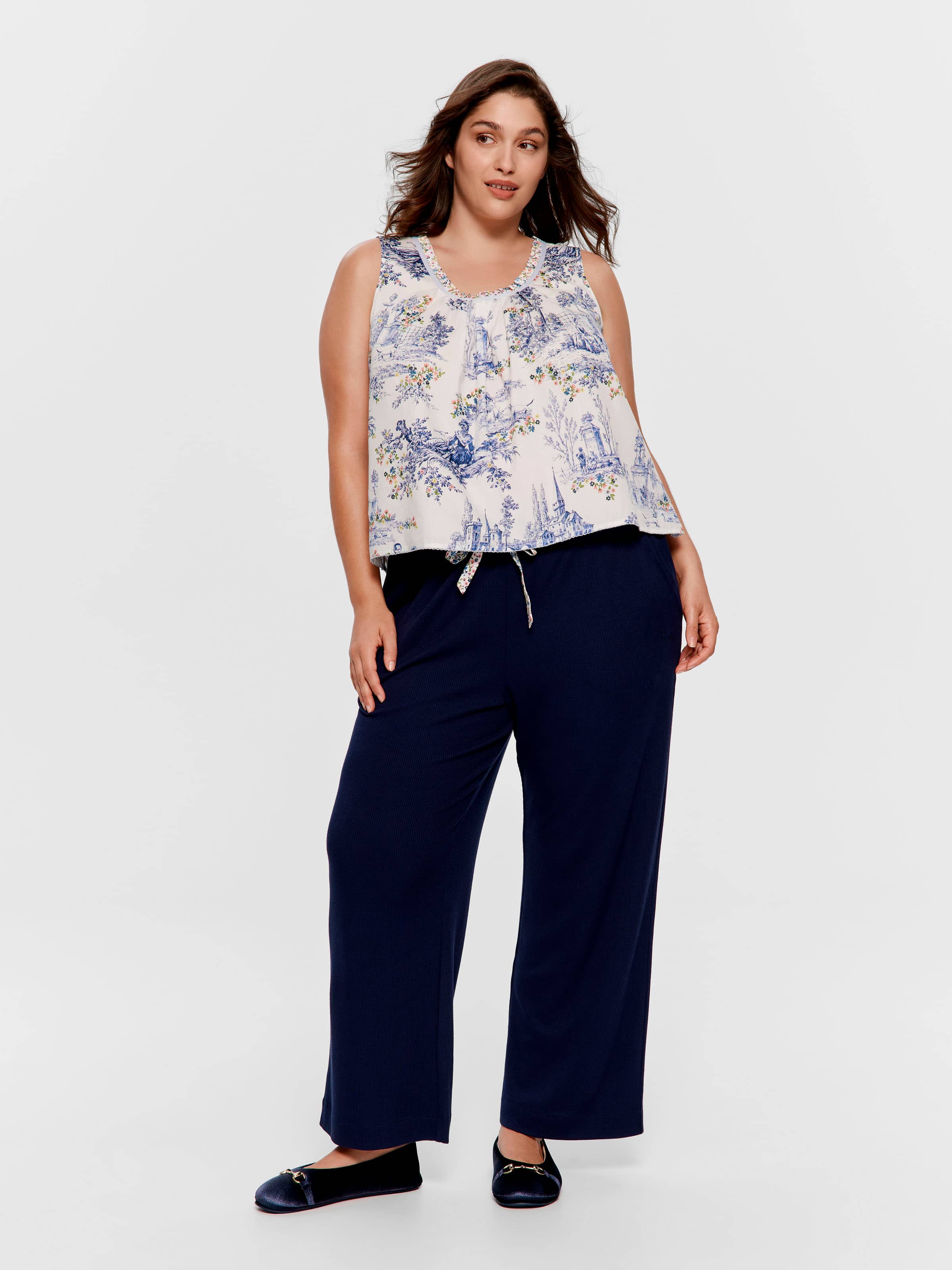 P.A. Plus Navy Floral Trim Waffle Straight Leg Pj Pant