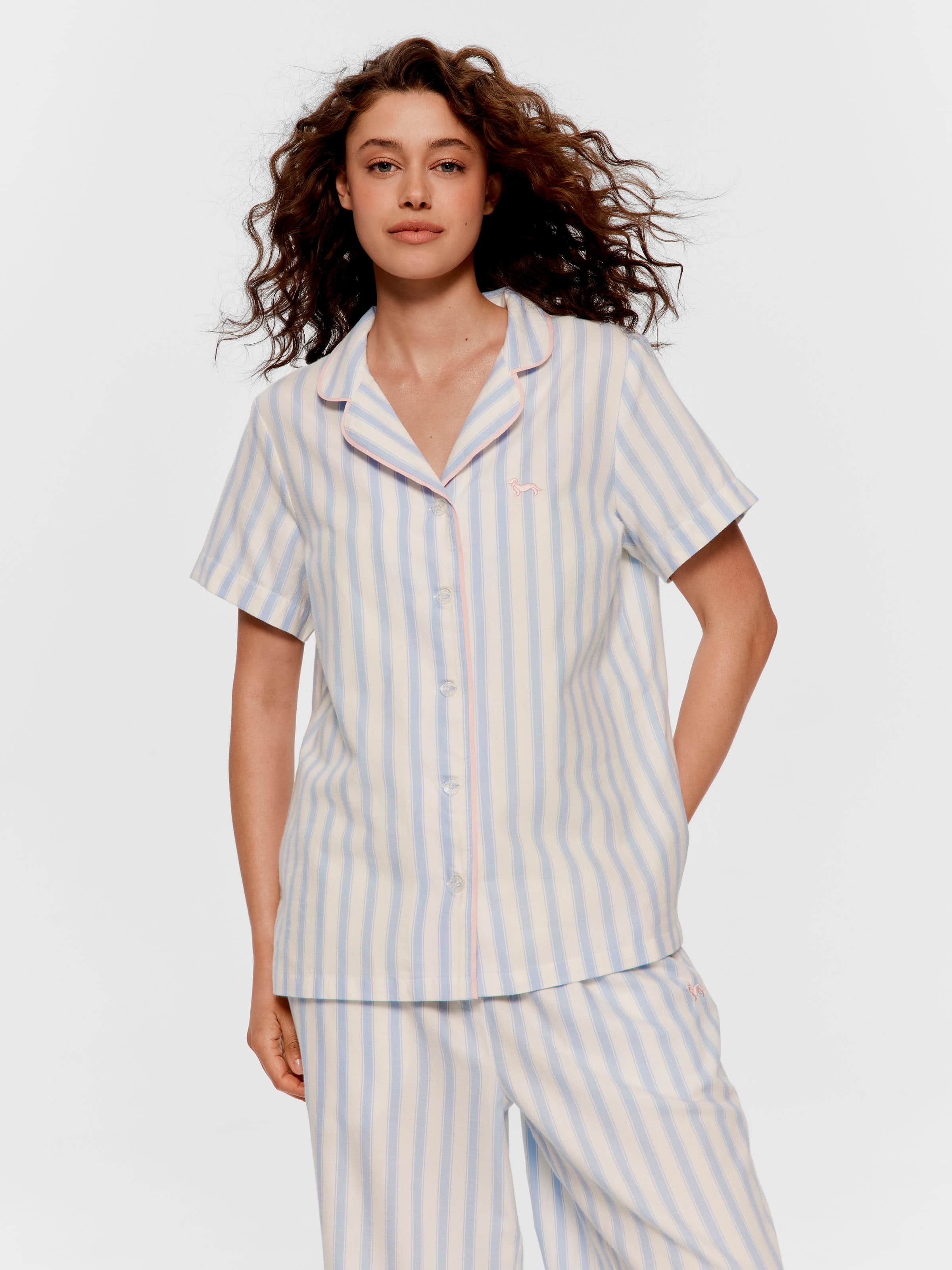 Stripe Floral Trim 100% Cotton Short Sleeve Shirt