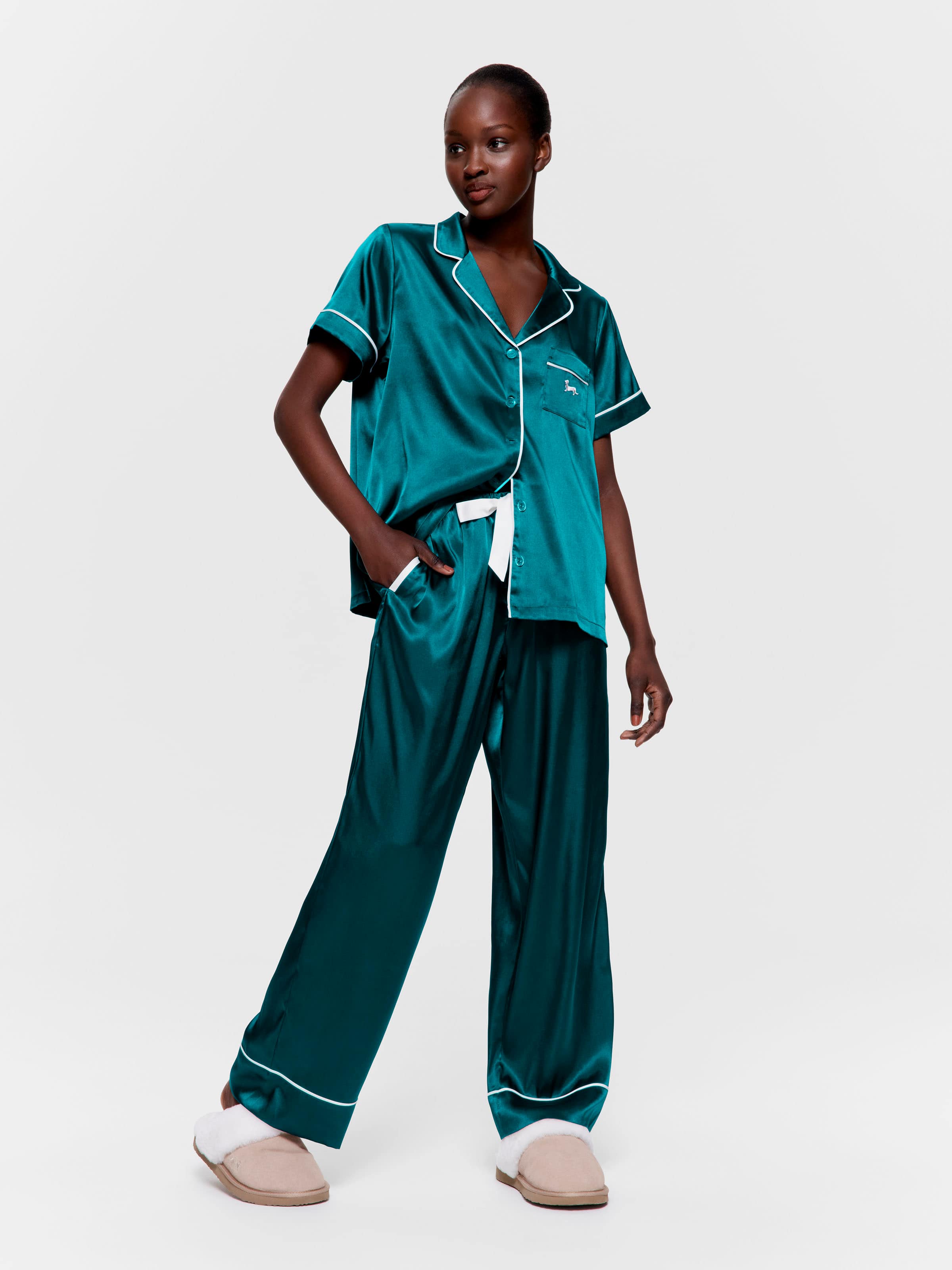Teal Chic Satin Short Sleeve & Pant Pj Set