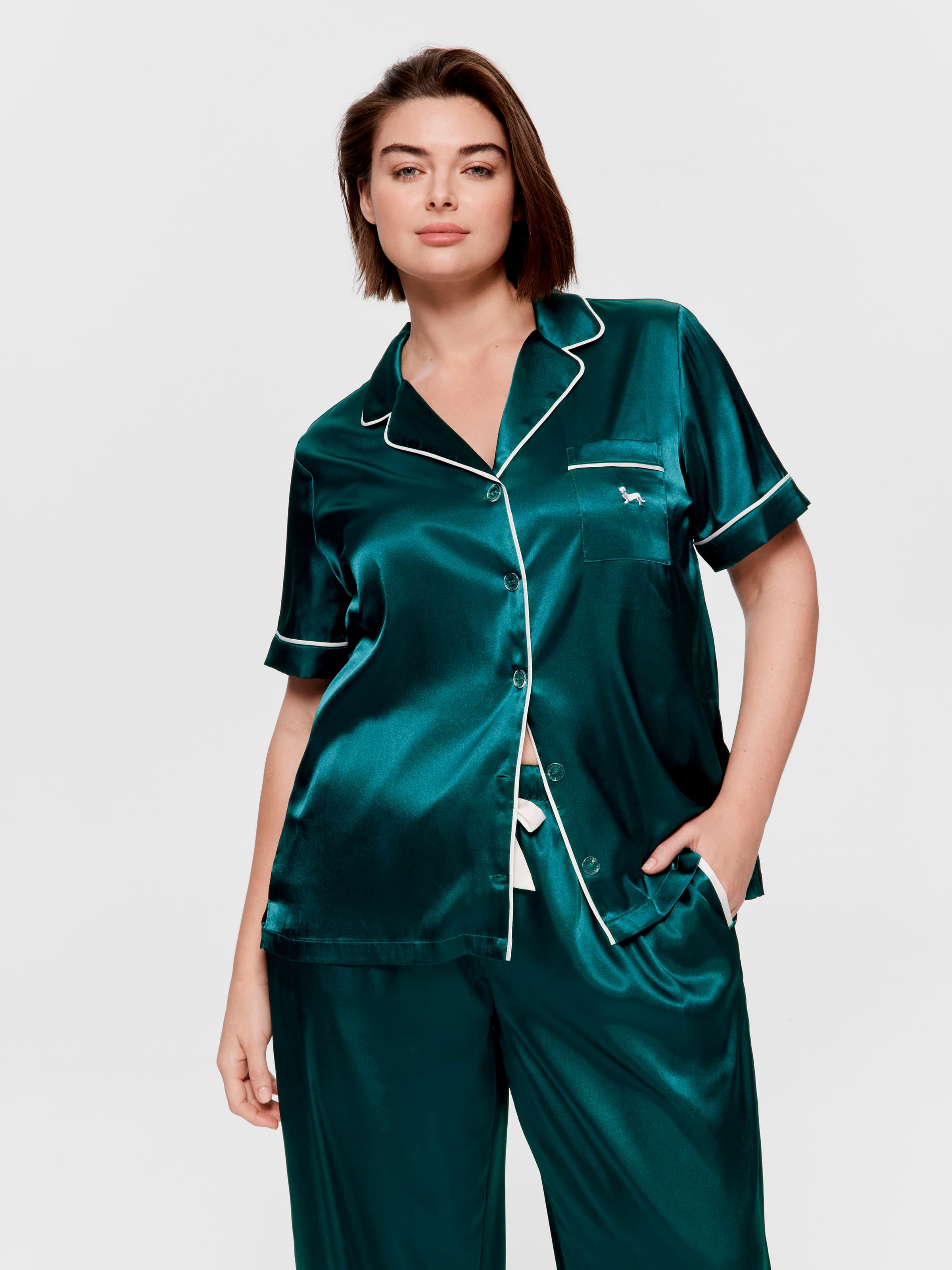 P.A. Plus Teal Chic Satin Short Sleeve & Pant Pj Set