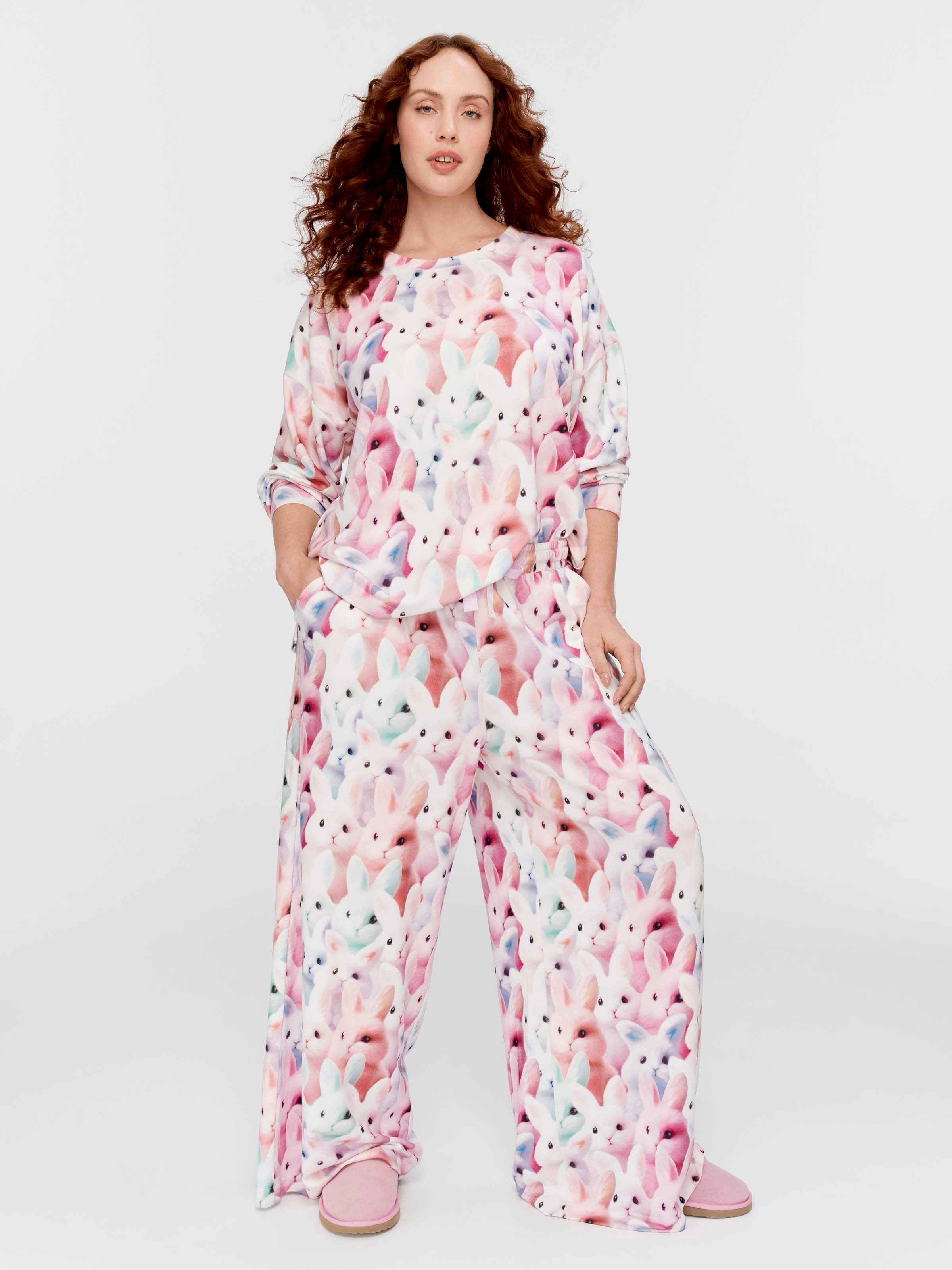 P.A. Plus Crazy Bunny Plush Wide Leg Pj Pant