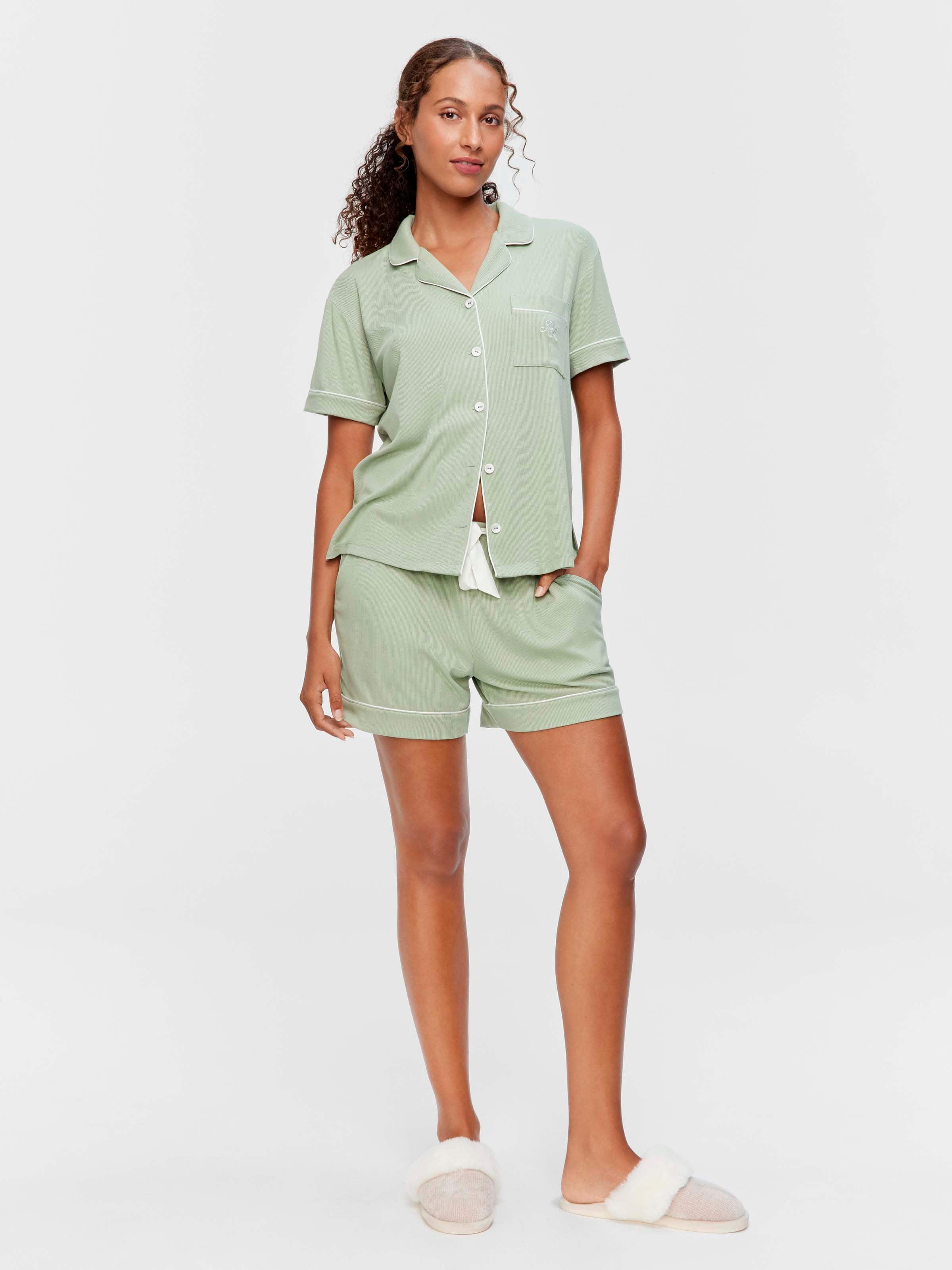 Sage Bamboo Rib Shortie Pj Set