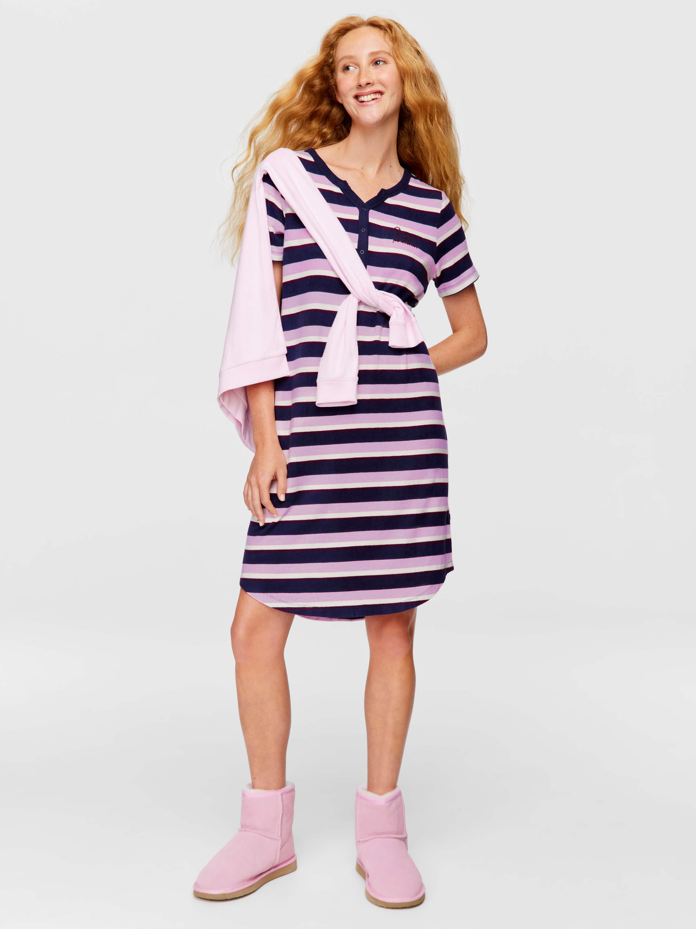 Fuzzy Stripe Henley Short Sleeve Nightie