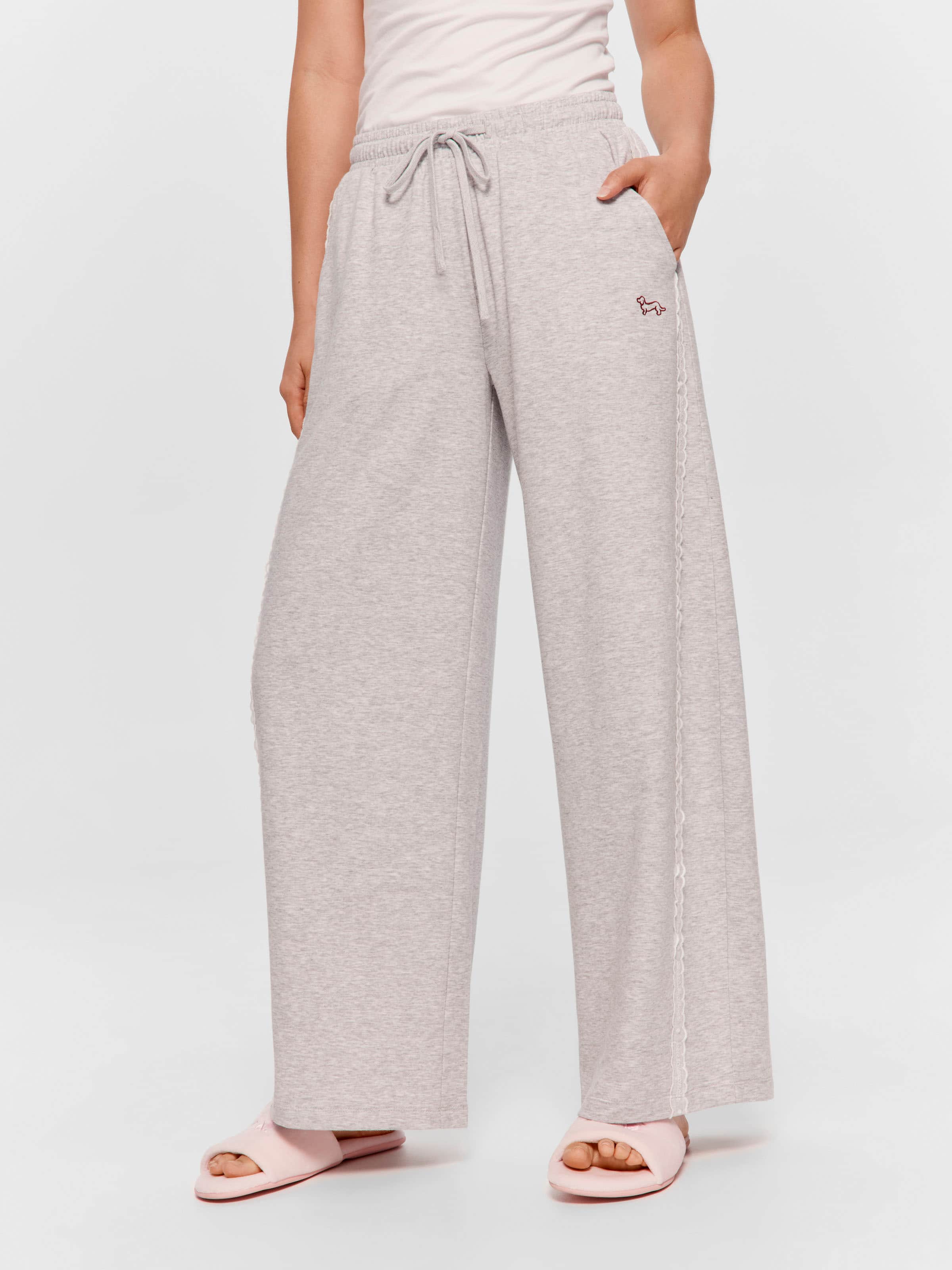 Lace Trim Barrel Leg Fleece Fashion Pant