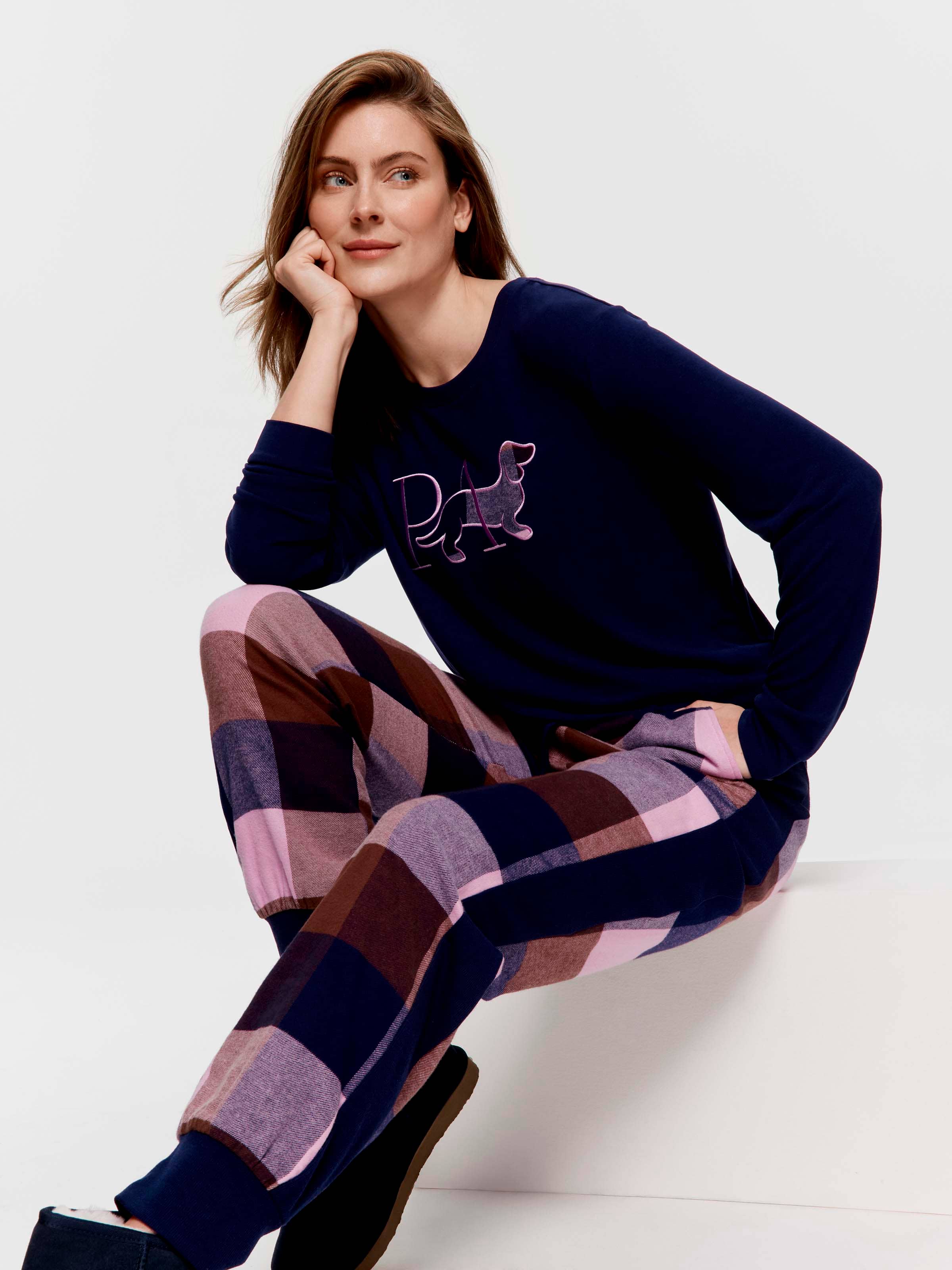 Navy & Choc Buffalo Check 100% Cotton Flannelette Cuff Pj Pant