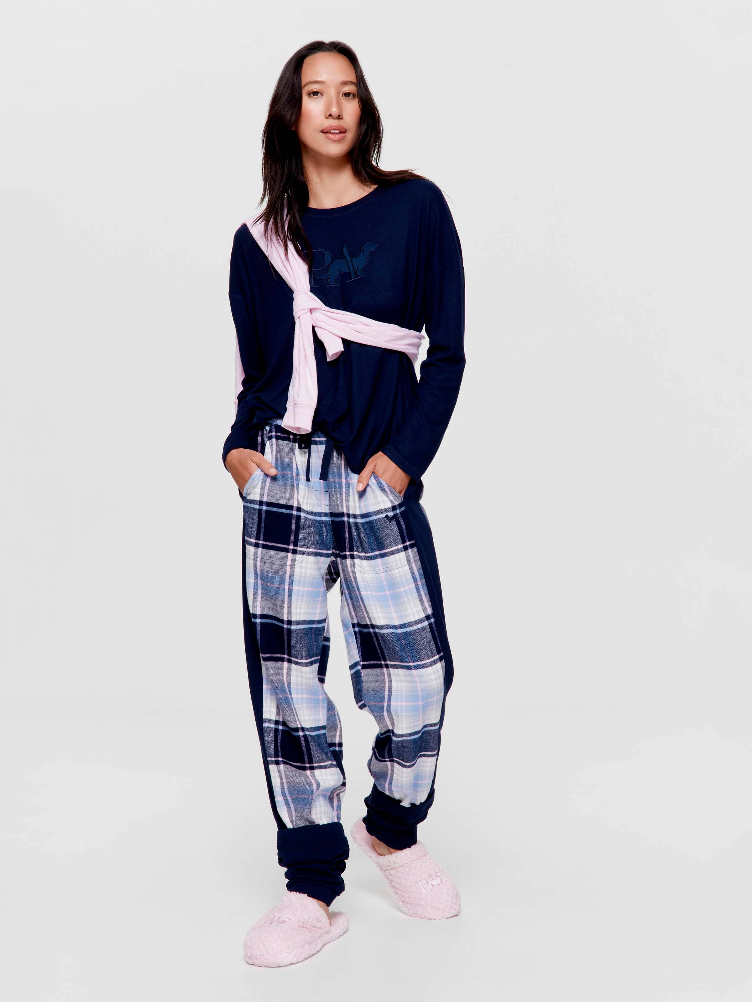 Navy Check 100% Cotton Flannelette Legwarmer Pj Pant