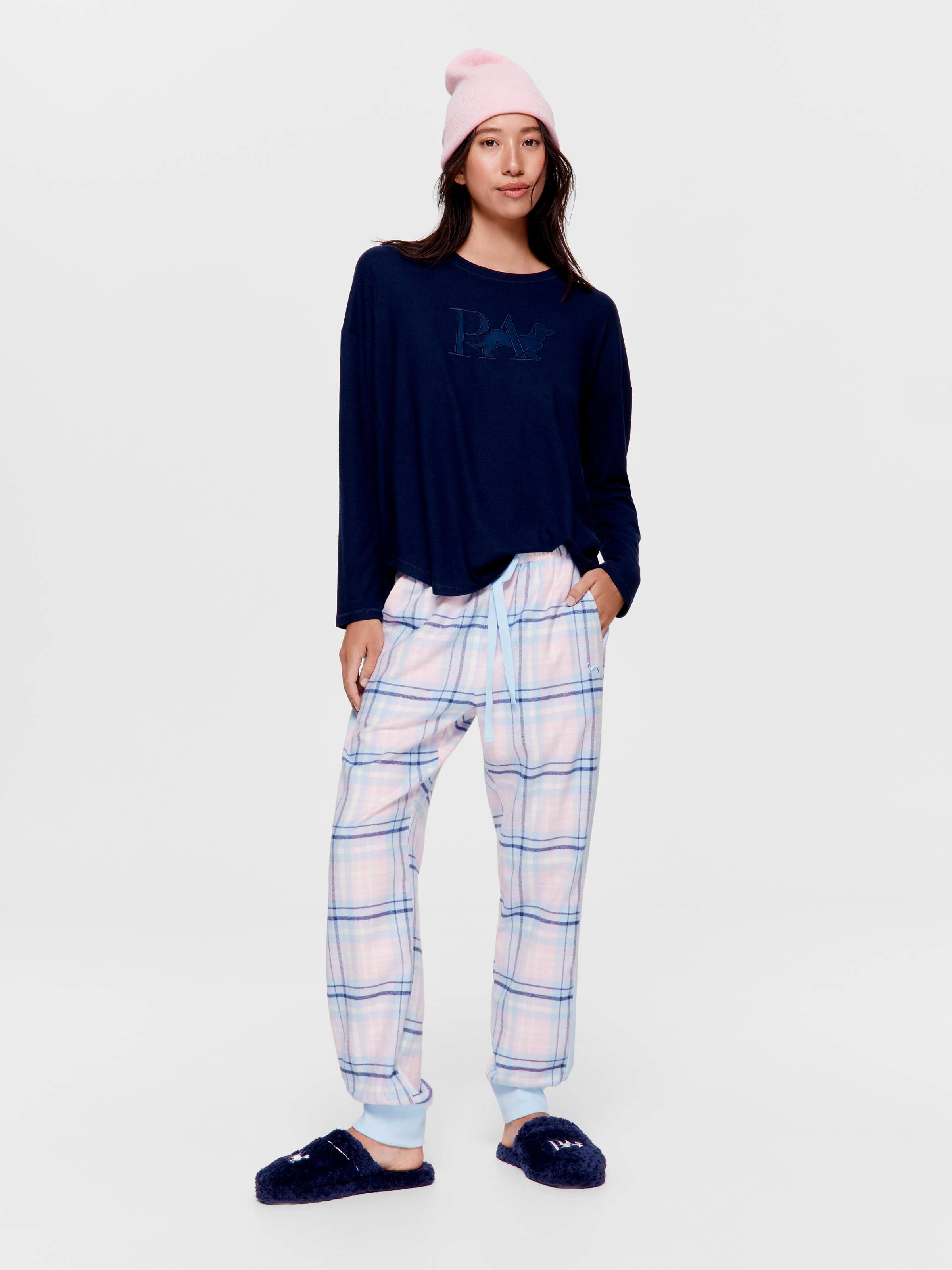 Blue Check 100% Cotton Flannelette Cuff Pj Pant