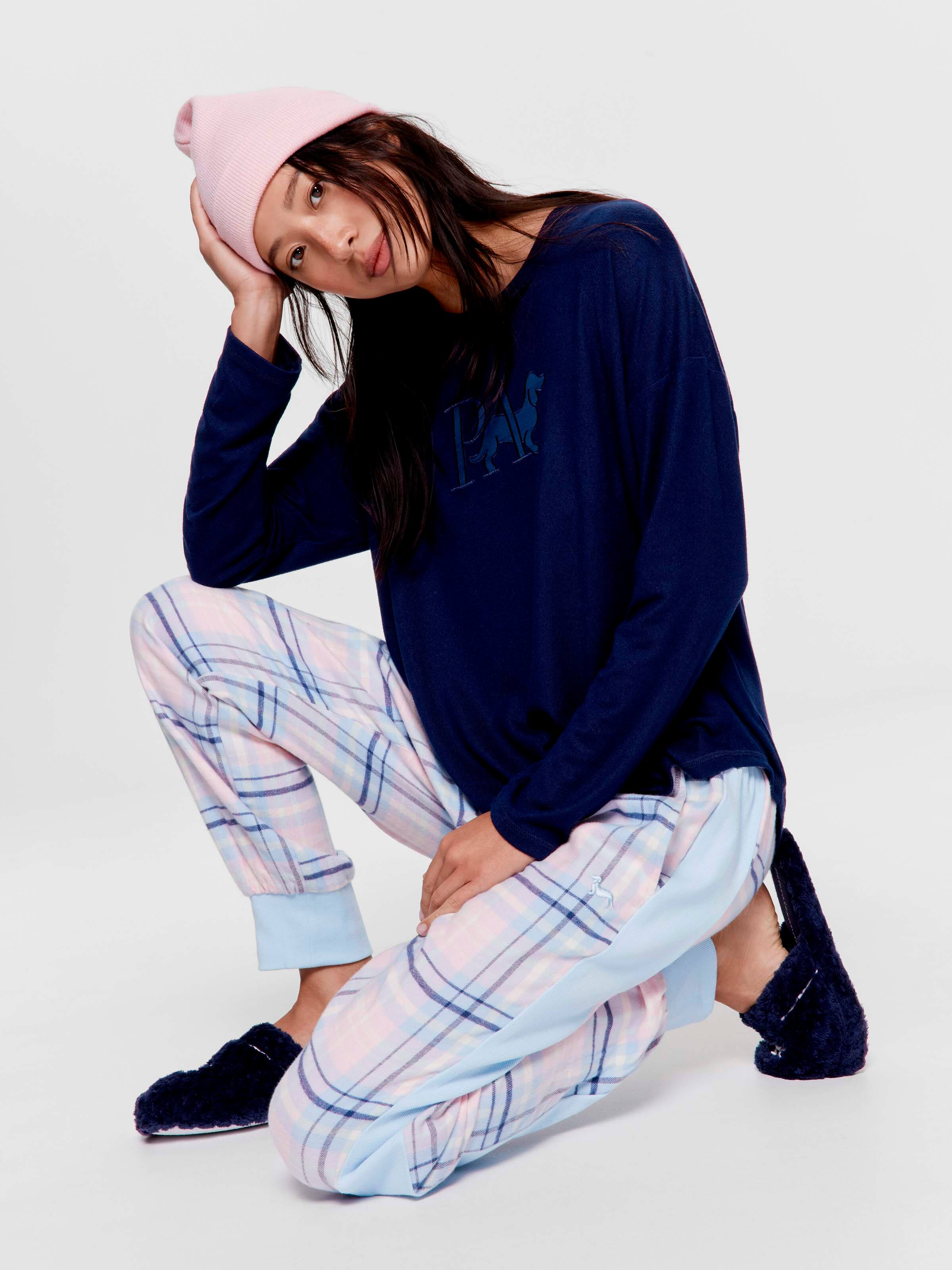 Blue Check 100% Cotton Flannelette Cuff Pj Pant