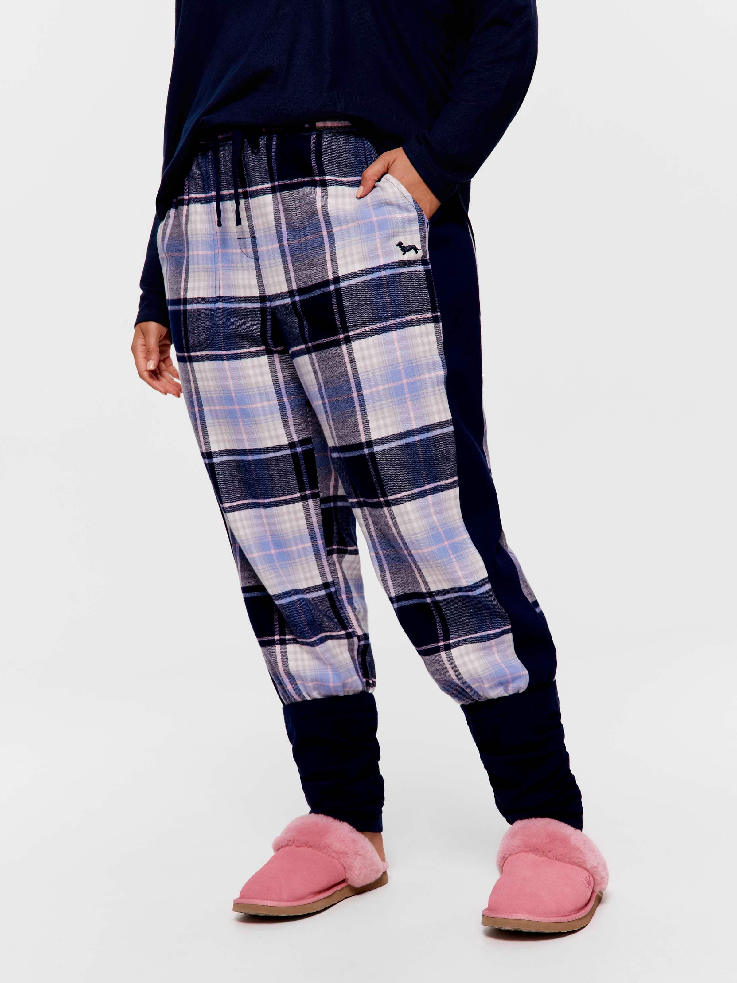 P.A. Plus Navy Check 100% Cotton Flannelette Legwarmer Pj Pant