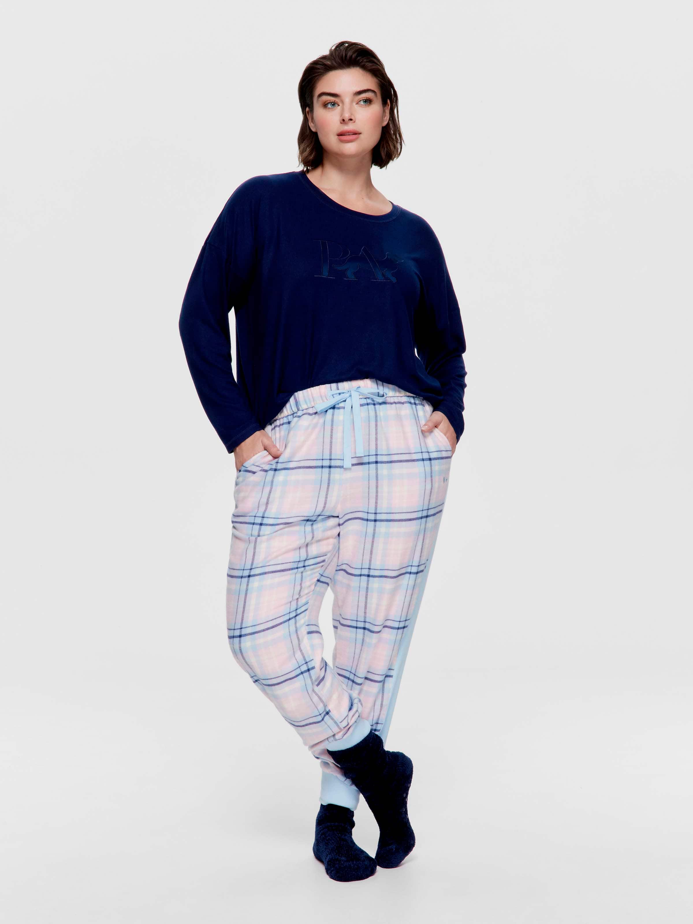 P.A. Plus Blue Check 100% Cotton Flannelette Cuff Pj Pant