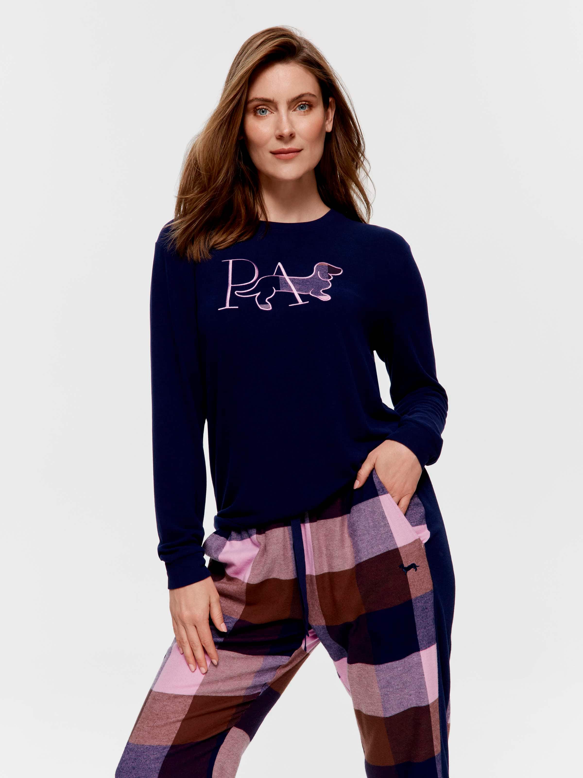 Navy & Choc Check Penny Fuzzy Sweater